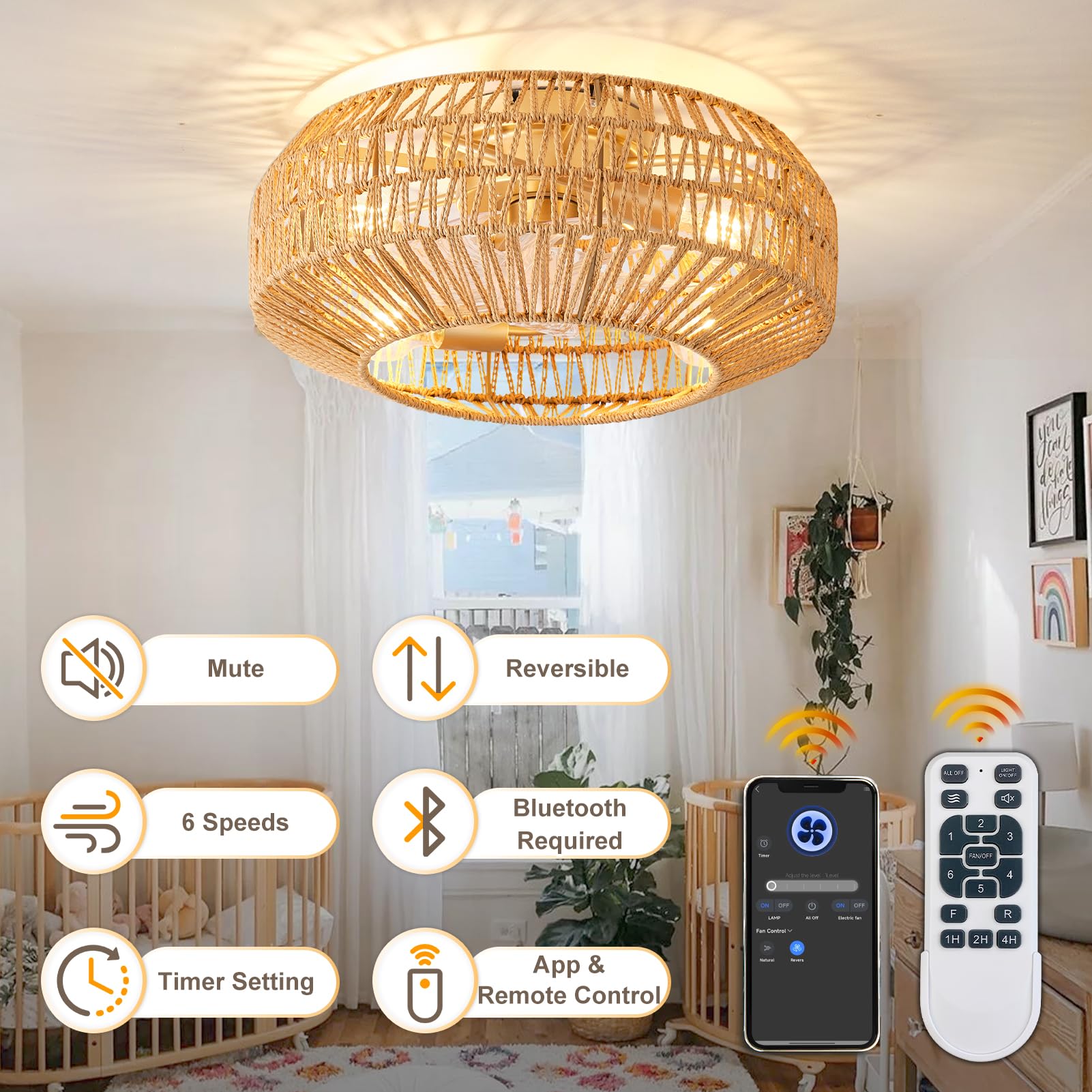 Oiotwo 19 Inch Boho Caged Ceiling Fans With Lights, Low Profile Ceiling Fan And Remote Fandelier Fan Light For Bedroom Living Ro