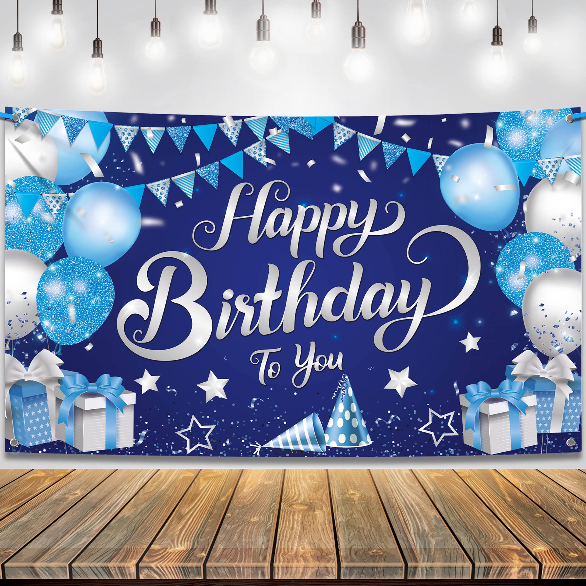 Katchon, Silver And Blue Happy Birthday Banner   Xtralarge, 72X44 Inch | Blue Happy Birthday Backdrop | Blue Birthday Banner For