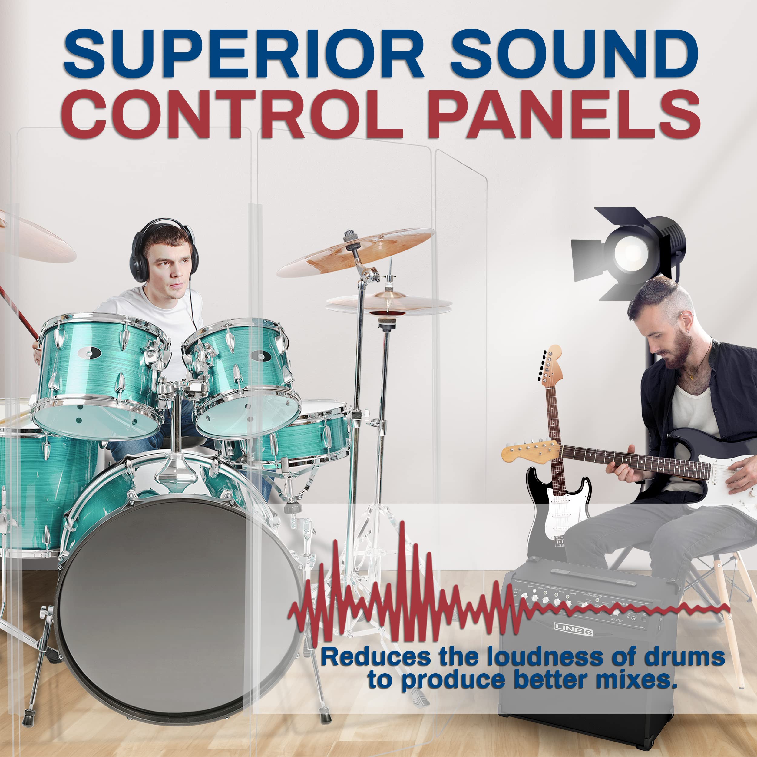 Pennzoni Drum Shield 6Ft W/Living Hinges, Comes W/ 5 Drum Panels, & Living Hinges, Premium Clear Acrylic Panels, Drum Screen