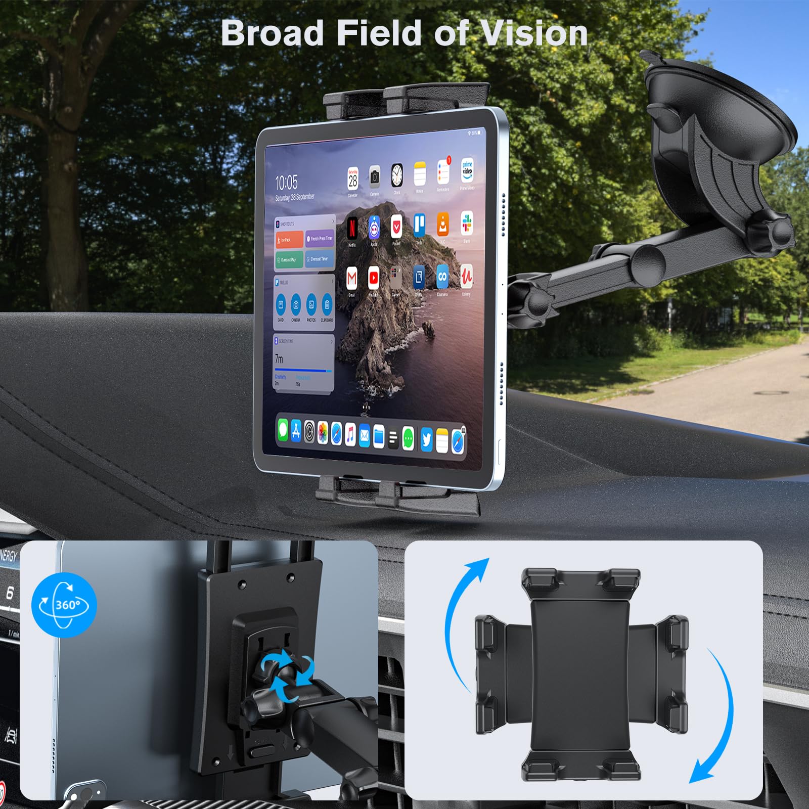 Ohlpro Tablet Holder For Car Dashboard Suction Cup, Ipad Car Mount For All 5' 13' Galaxy Tab Kindle Fire Iphone Switch, Tablet Mount For Trucks, Suvs, Cars Etc.