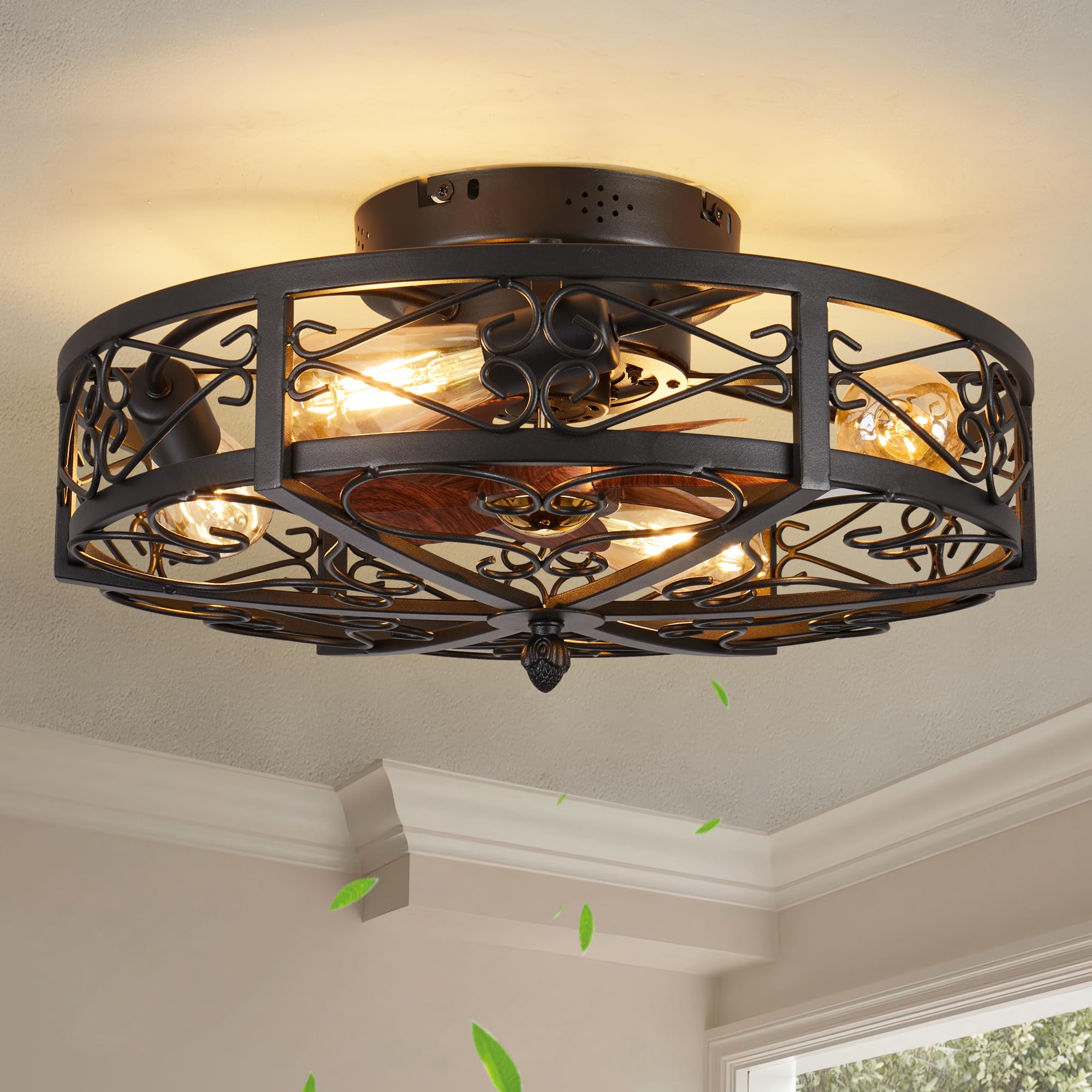jarensen Rustic Black Caged Flush Mount Ceiling Fans with Lights and Remote Vintage Low Profile Bladeless Ceiling Fan, Reversibl