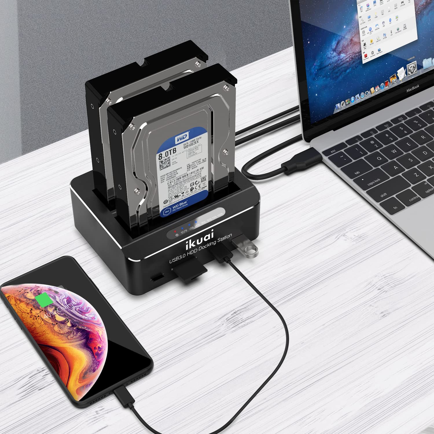 ikuai SATA to USB 3.0 Dual Bay Dock for 2.5"/3.5" HDD SSD, Aluminum, Black, Model RSH-DS02, 2 USB Ports,