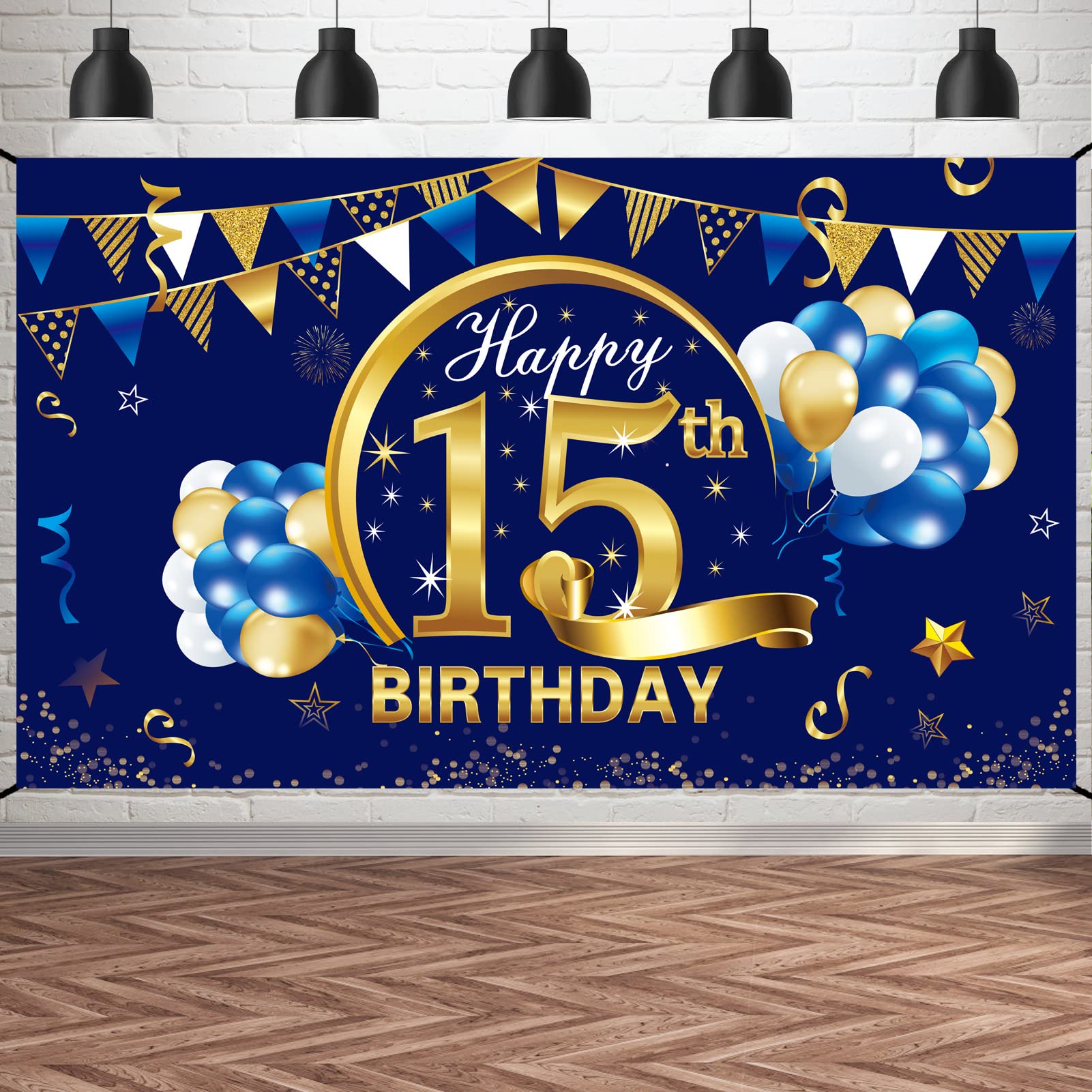 Happy 15Th Birthday Banner Decorations For Boy   Blue Gold 15 Birthday Backdrop Party Supplies   15 Year Old Birthday Photo Back