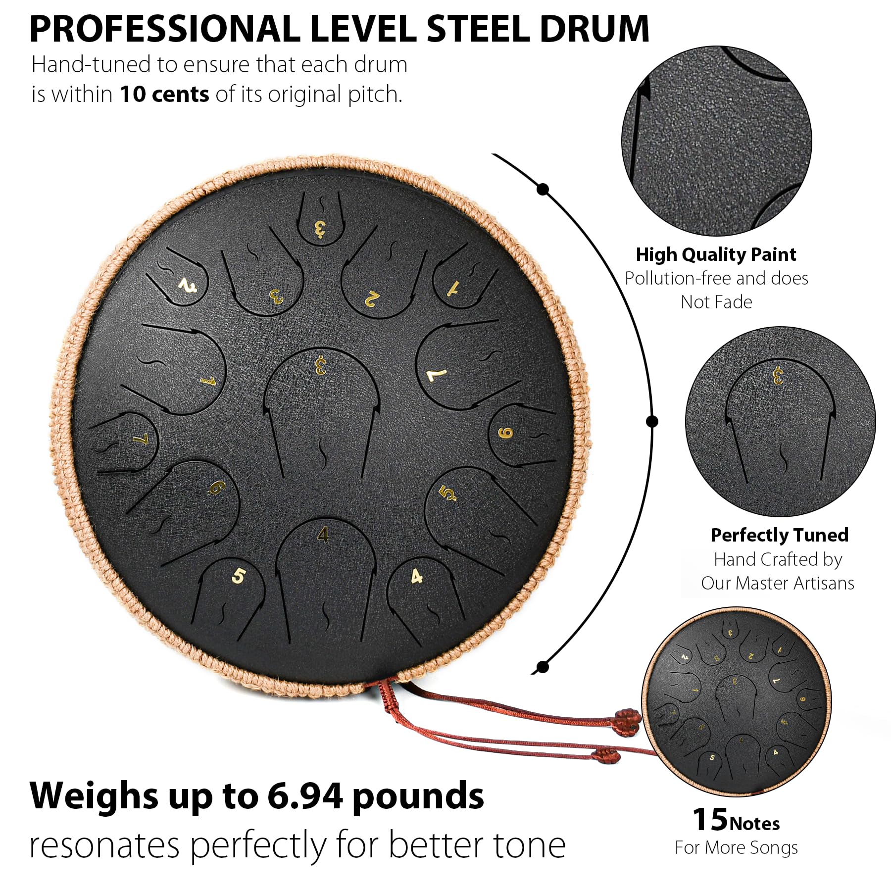 Steel Tongue Drum 14 Inch 15 Notes, Tongue Drum C Major, Steel Drums For Adults, Hang Drum Instrument, Hand Pan Drum With Music