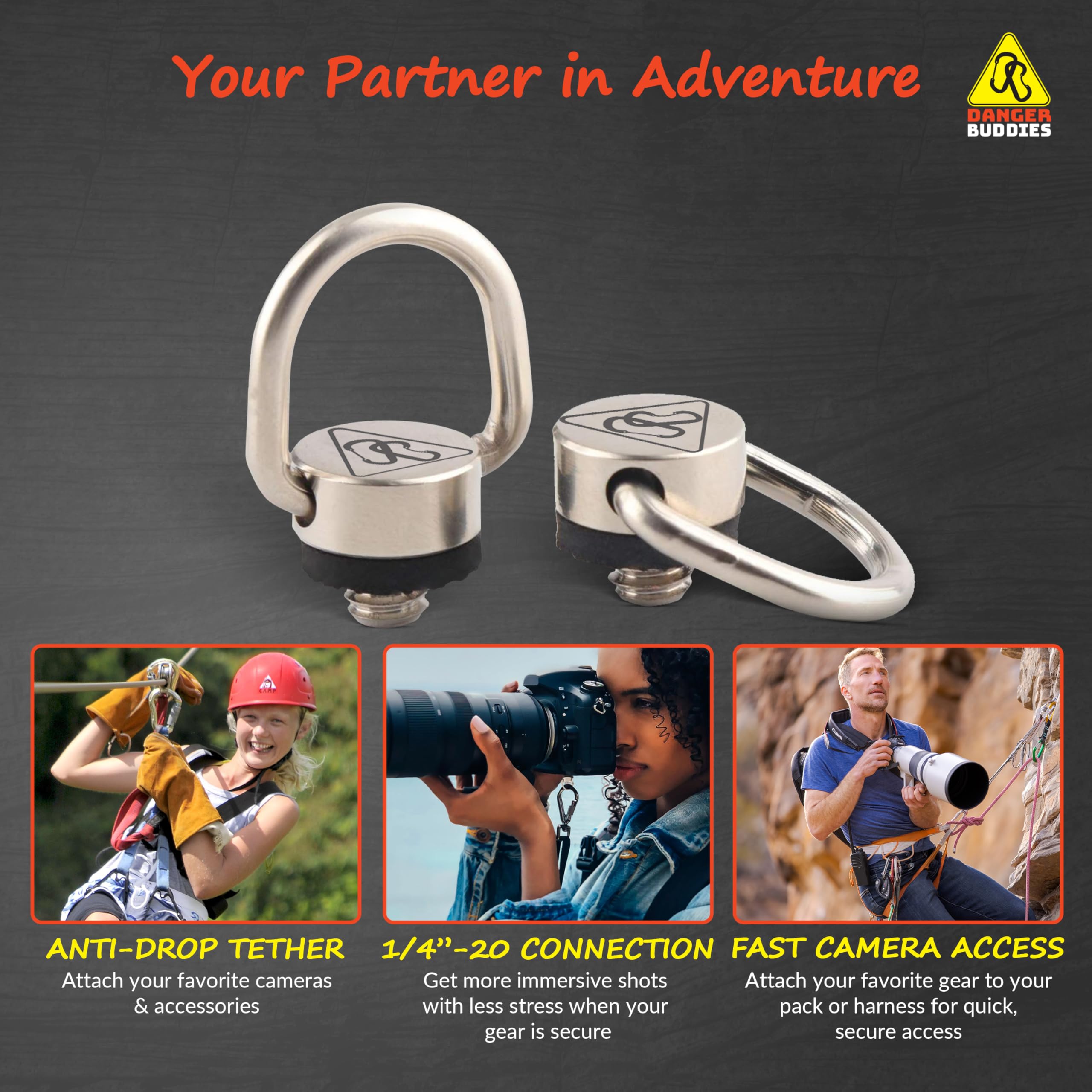 Danger Buddies Camera Carabiner Clip D-Ring - Easily Attach A Carabiner To Your Camera With This 1/4-20 Tripod Mount D-Ring (3-P