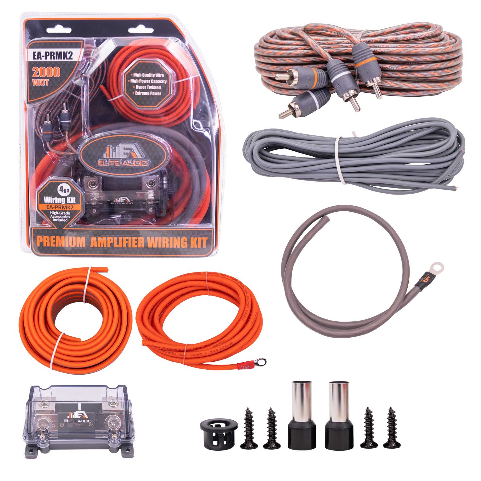 Elite Audio Premium Series 4 Gauge Amp Kit   2000W Max Power, Copper Clad Aluminum Wire, Triple Shielded Rca Cables, High Power Capacity, Mini Anl Fuse Holder, Car Amplifier Install Kit   Ea Prmk2