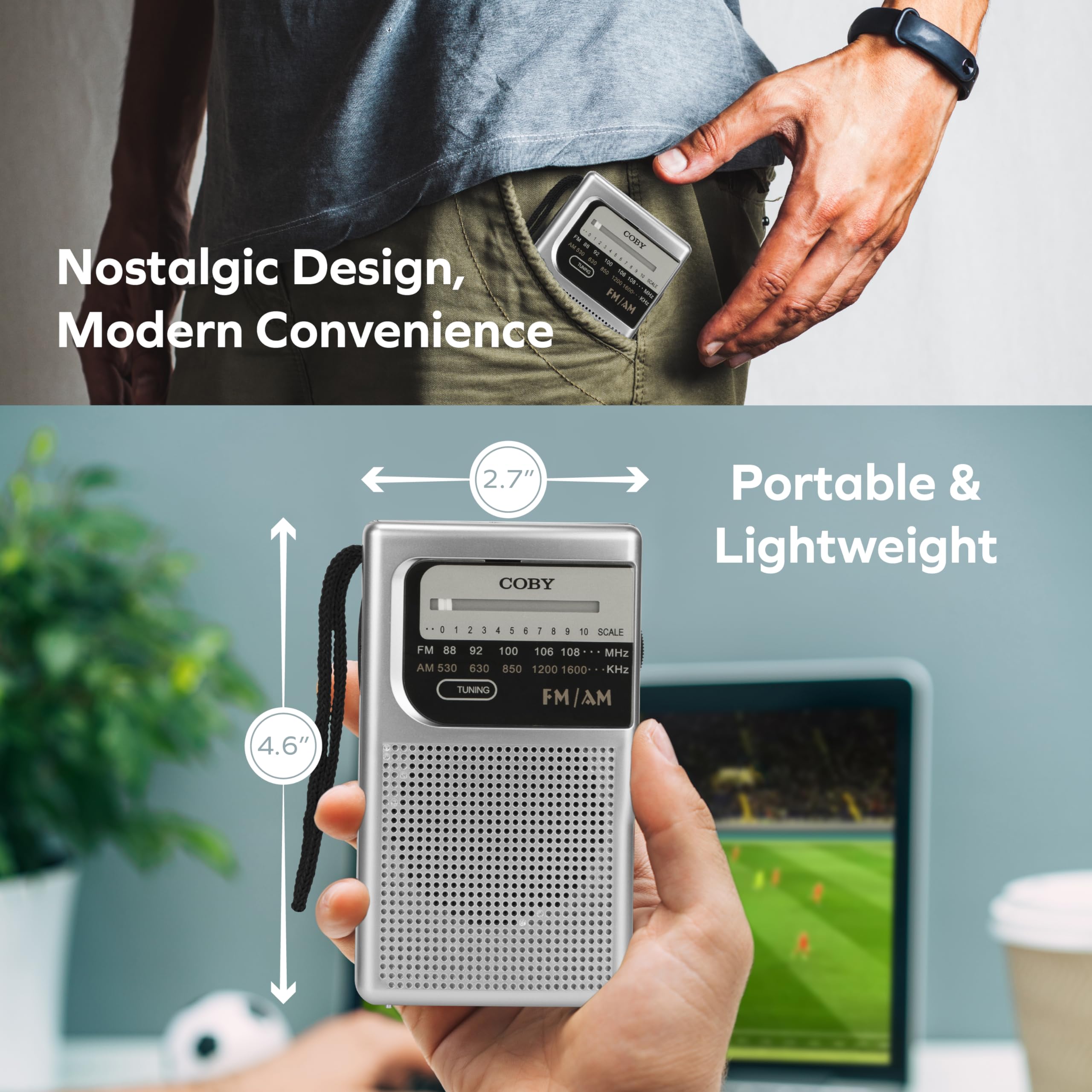 Coby Portable Radio, Am/Fm, Pocket Radio, 800-Hr Battery, Indoor Outdoor Mini Radio, Emergency Radio, Compact, Retro Transistor