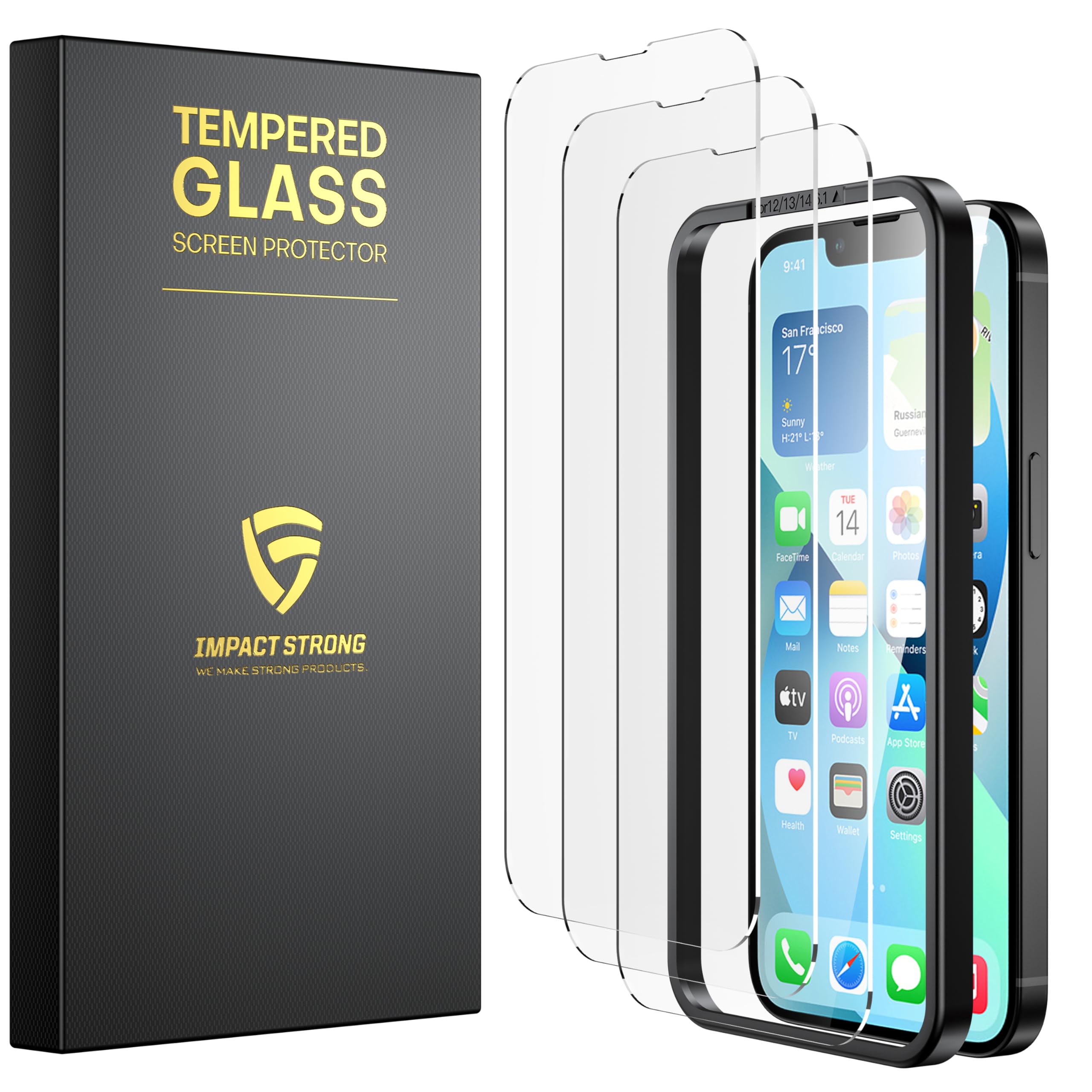 Impactstrong Shatterproof Tempered Glass Screen Protector For Iphone 14/Iphone 13/Iphone 13 Pro [Easy Installation Frame] [Bubbl