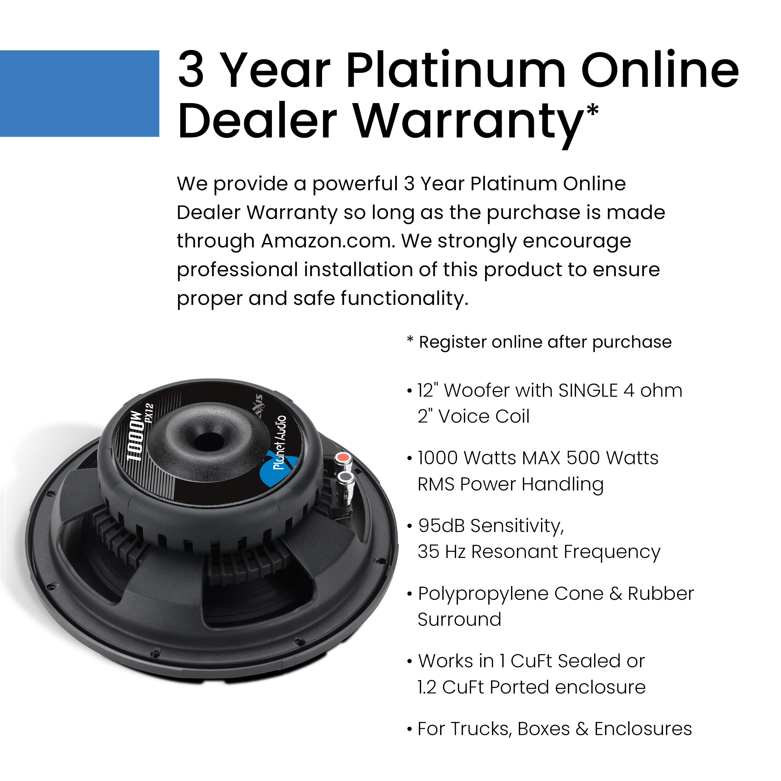 Planet Audio PX12 Axis Series 12 Inch Car Subwoofer 1000W Max Single 4 Ohm Poly-injection Rubber