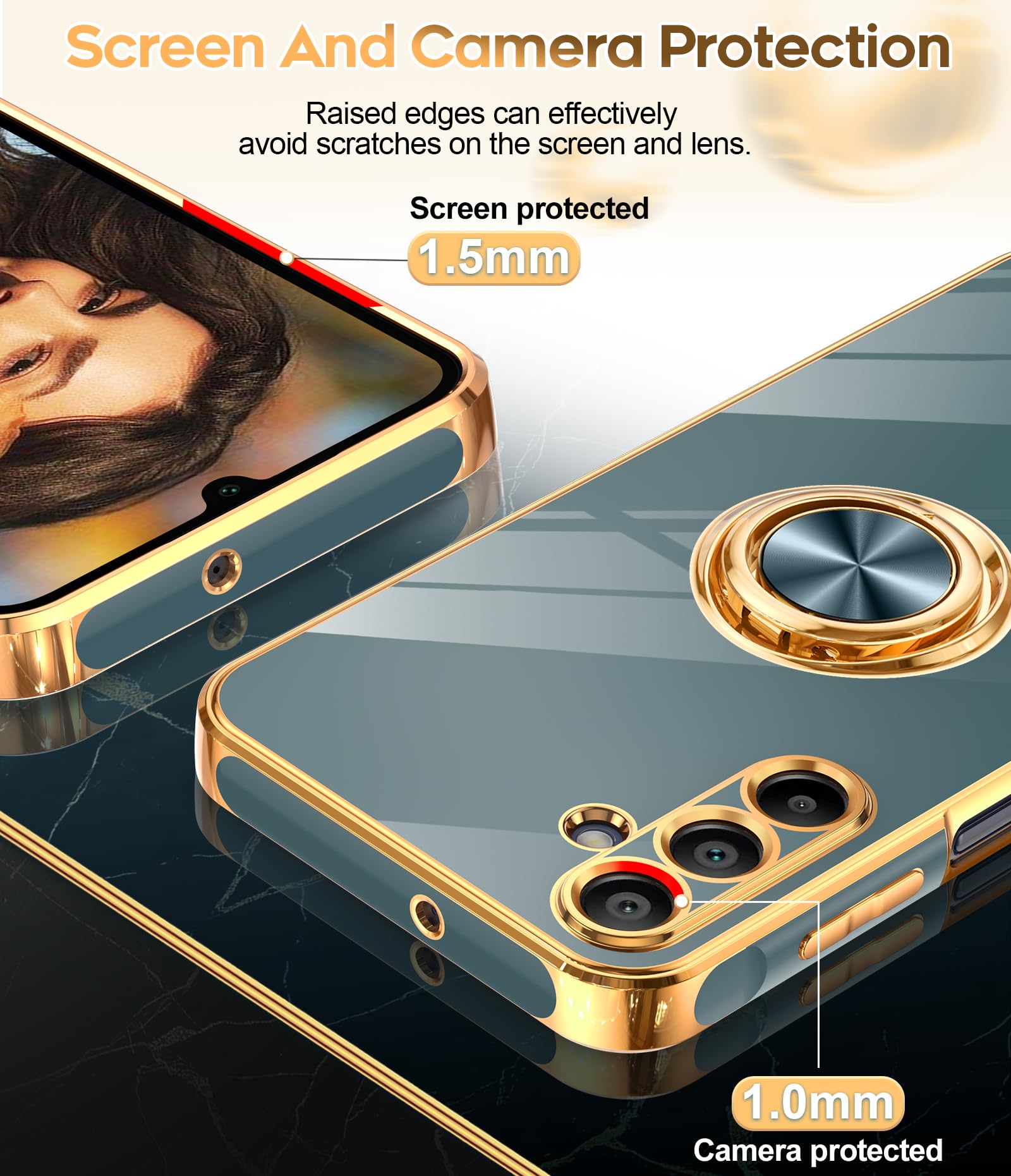 Leyi For Samsung A15 5G Case: With Tempered Glass Screen Protector [2 Pack] 360 Rotatable Ring Holder Magnetic Kickstand, Platin