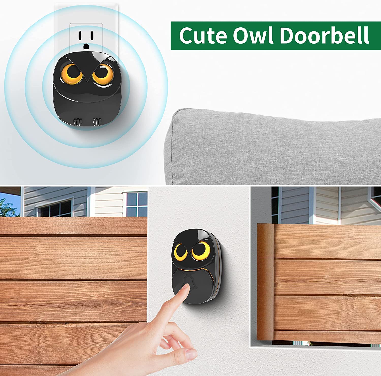 Wireless Doorbell, Cute Owl Doorbell Weatherproof Ip55 Outdoor Remote Push Button  1000 Feet Long Wireless Range  35 Classic Mel