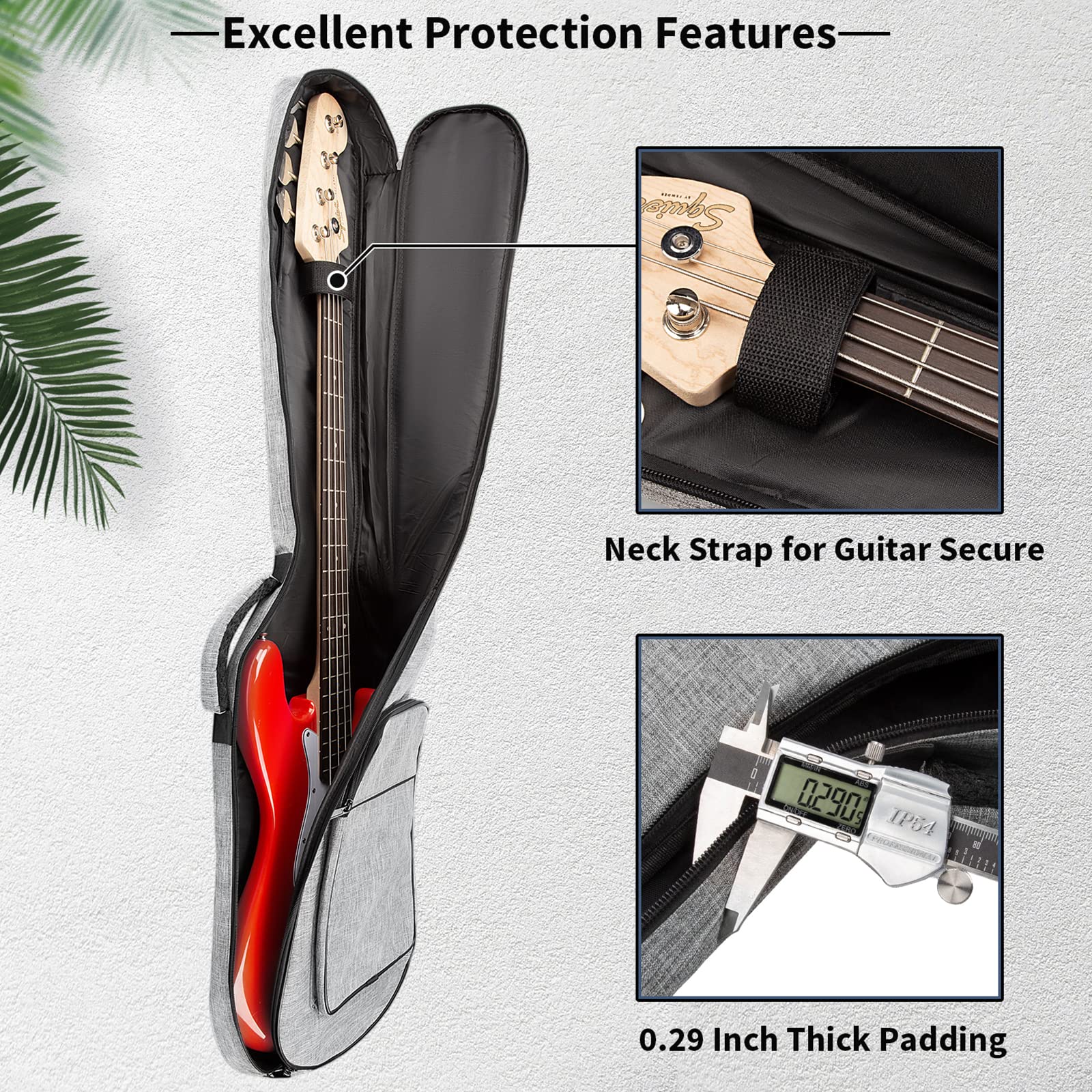 Muztop Bass Guitar Bag, 7Mm Padding Bass Guitar Gig Bag Padded Soft Electric Bass Guitar Case Backpack With Pockets, Grey