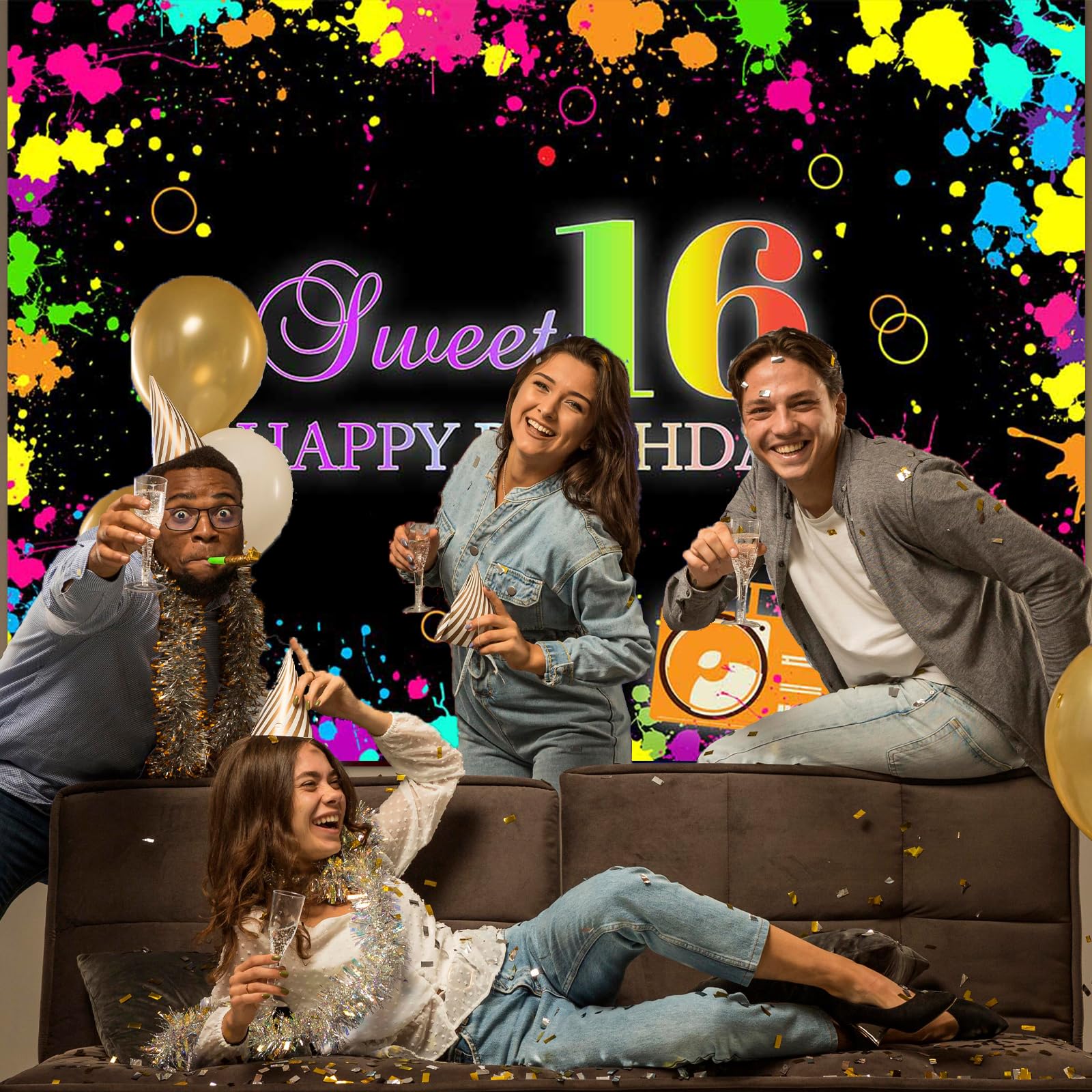 Avezano 7X5Ft Sweet 16 Backdrop Neon 16Th Birthday Banner Sweet 16 Glow In The Dark Party Decorations Graffiti Sweet Sixteen Par