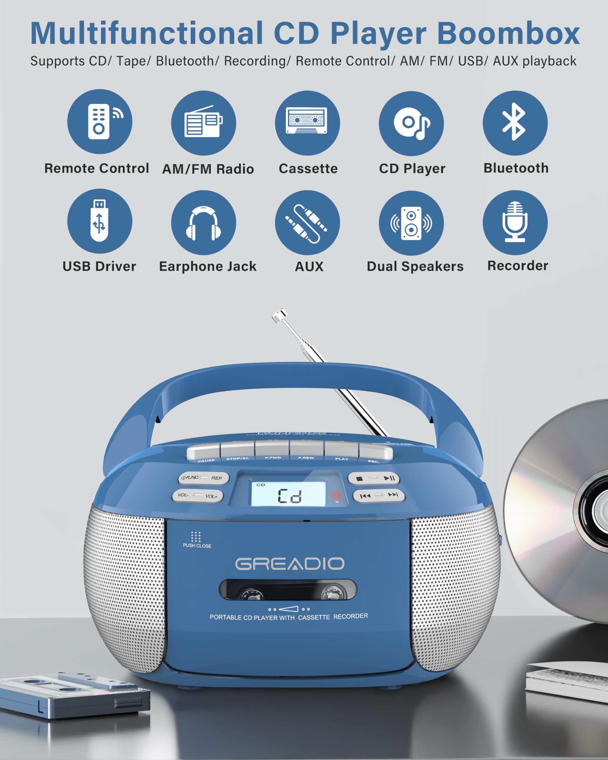 Greadio Boombox Cd Player Cassette Player Combo, Boom Box Portable Cd Players For Home With Bluetooth, Support Am Fm Radio/Remot