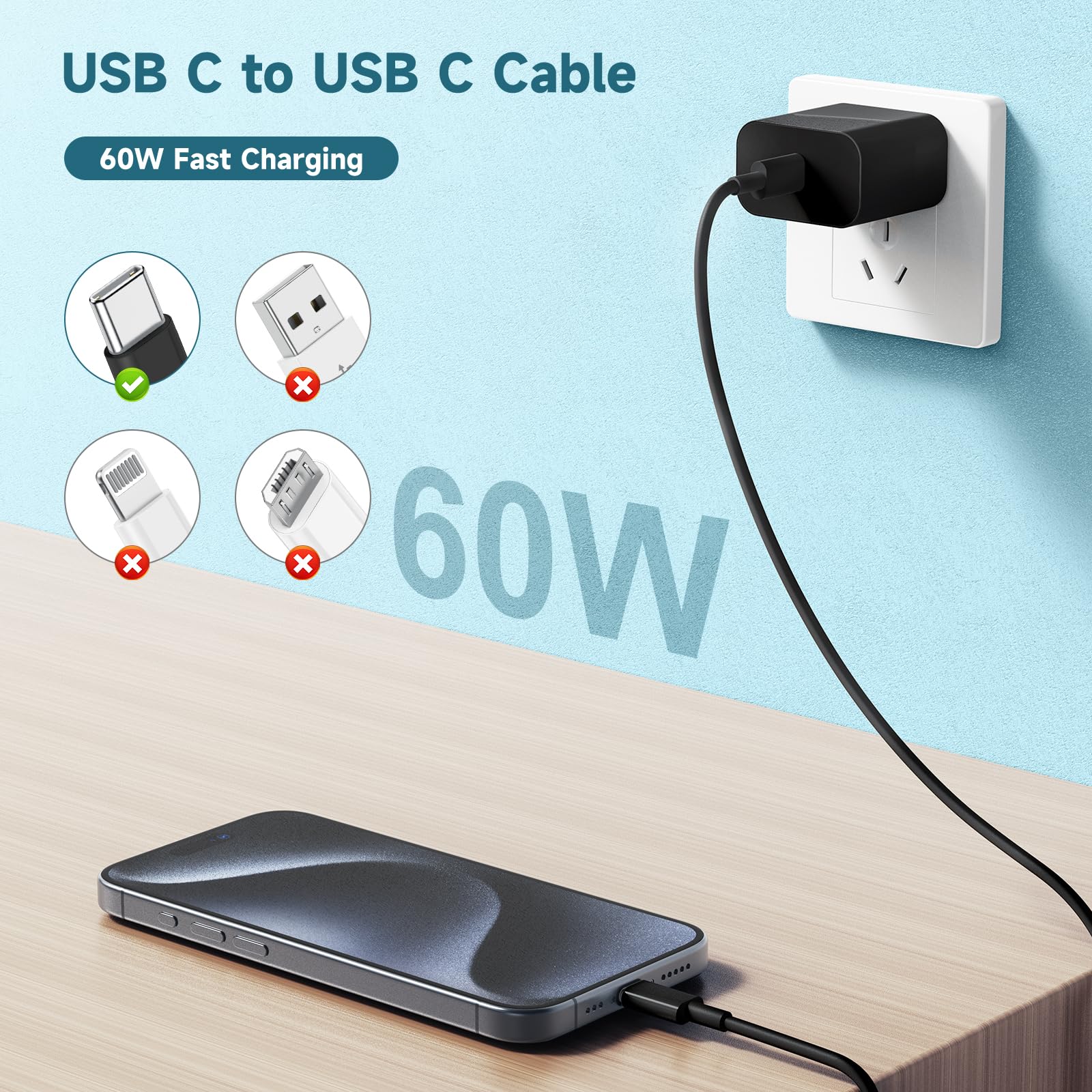 Chcela 60W Usb C To Usb C Cable [3Pack] Iphone 15 Fast Charging Cable,3Ft Long Usb C To Usbc Power Cord For Iphone 15/15 Pro/15