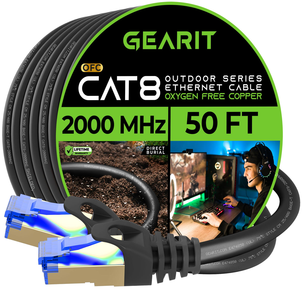 Gearit Cat8 Outdoor Ethernet Cable (50 Feet) Waterproof, Direct Burial, In Ground, Lldpe Uv Jacket, Pure Copper, 26Awg, 40Gbps 2