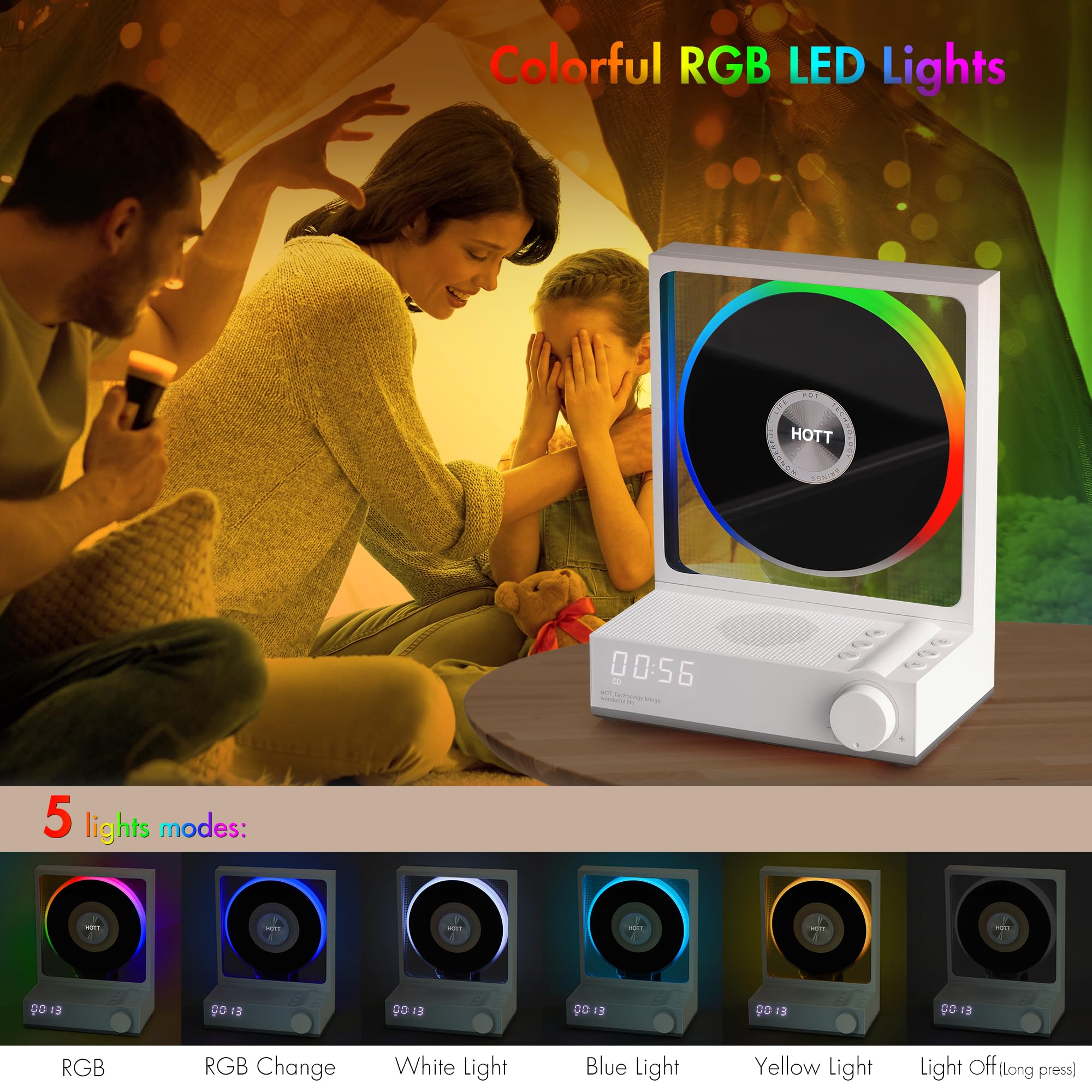 Bluetooth Desktop Cd Player With Speakers And Rgb Color Lights, Hott Home Bluetooth Cd Players With Hi Fi Stereo Sound,Remote Co