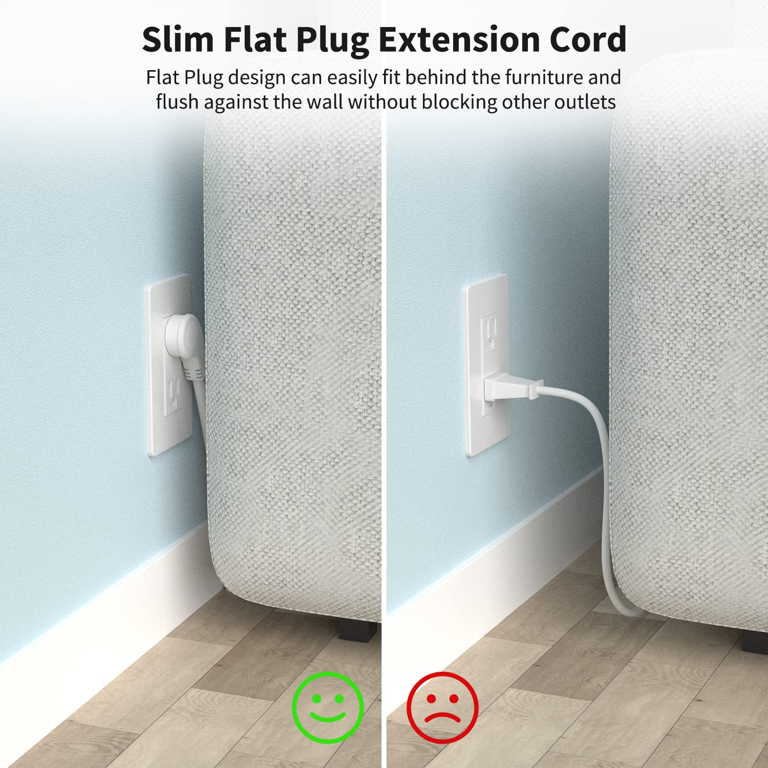 Firmerst 1875W 1Ft Flat Plug 3 Prong Extension Cord 14 Awg 15A White, 6 Packs