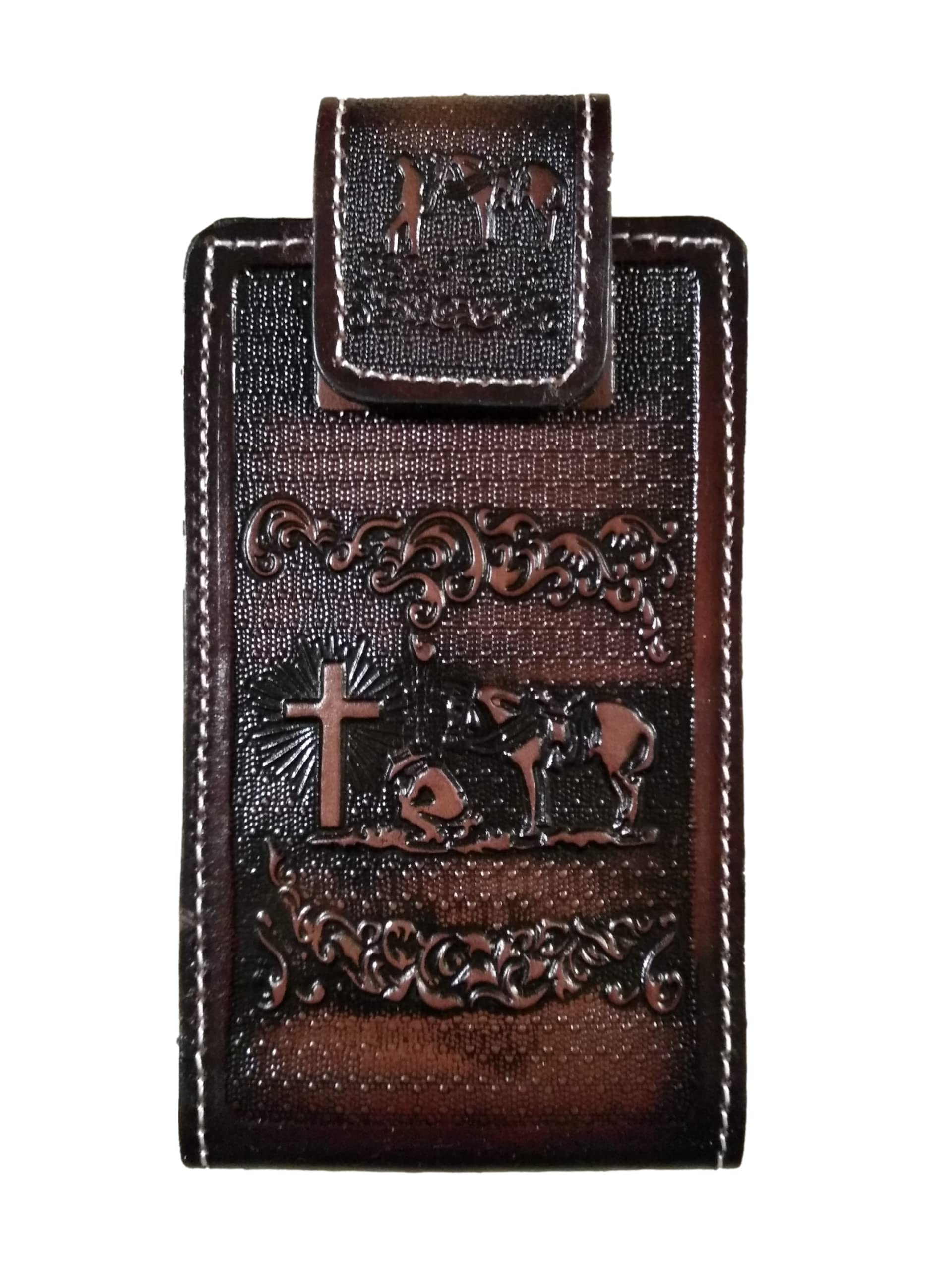 Western Autentic Tooled Leather Mexican Cell Phone Case For Belt. Men And Horse Pray Design. With Magnetic Closure. Universal Si