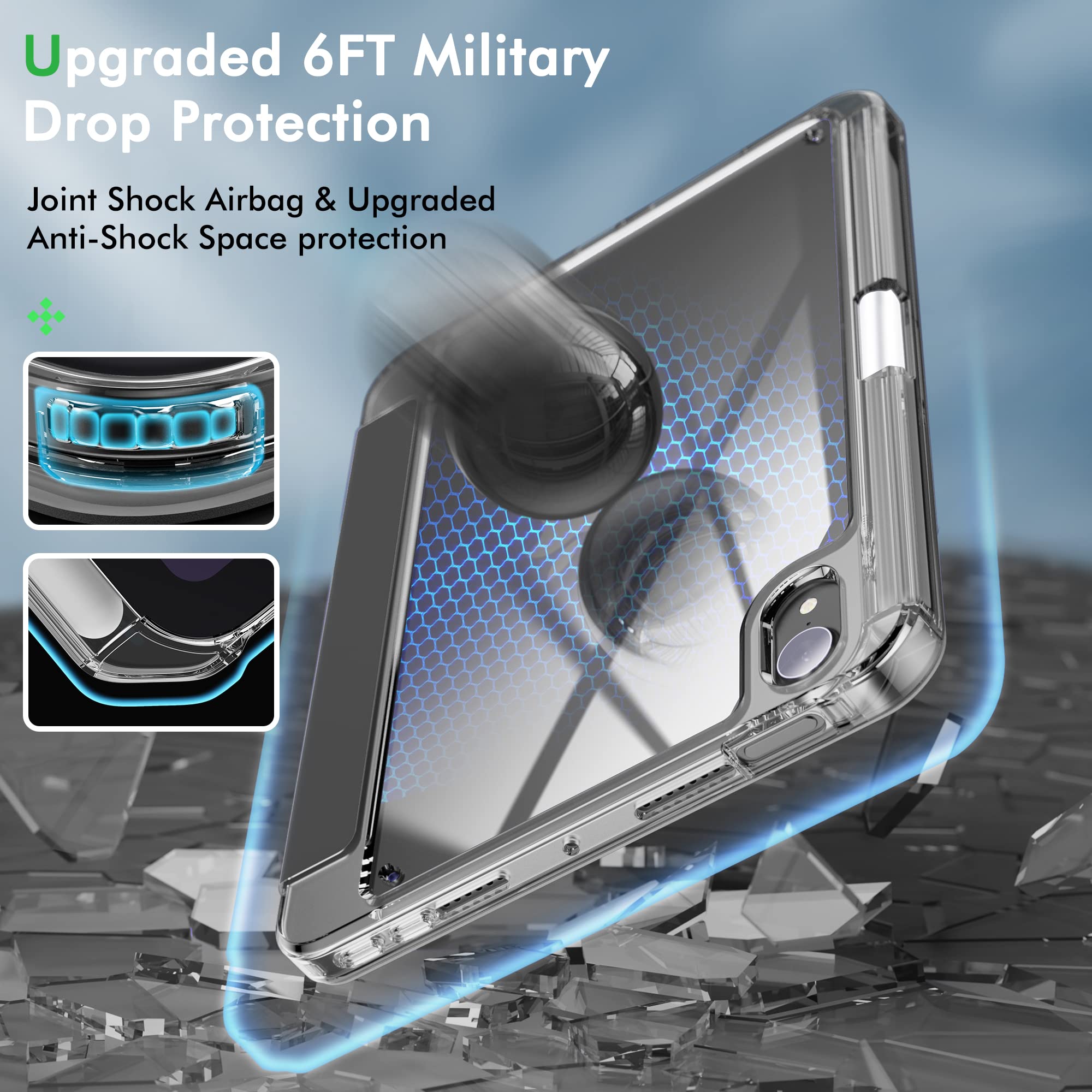 Infiland New Hybrid Ipad Mini 6 Case (8.3 Inch, 2021), Ultra Clear Back & Pu Leather Cover 6 Ft Drop Protection Ipad Mini 6Th Generation Case With Pencil Holder Support Wireless Charging, Clear Grey