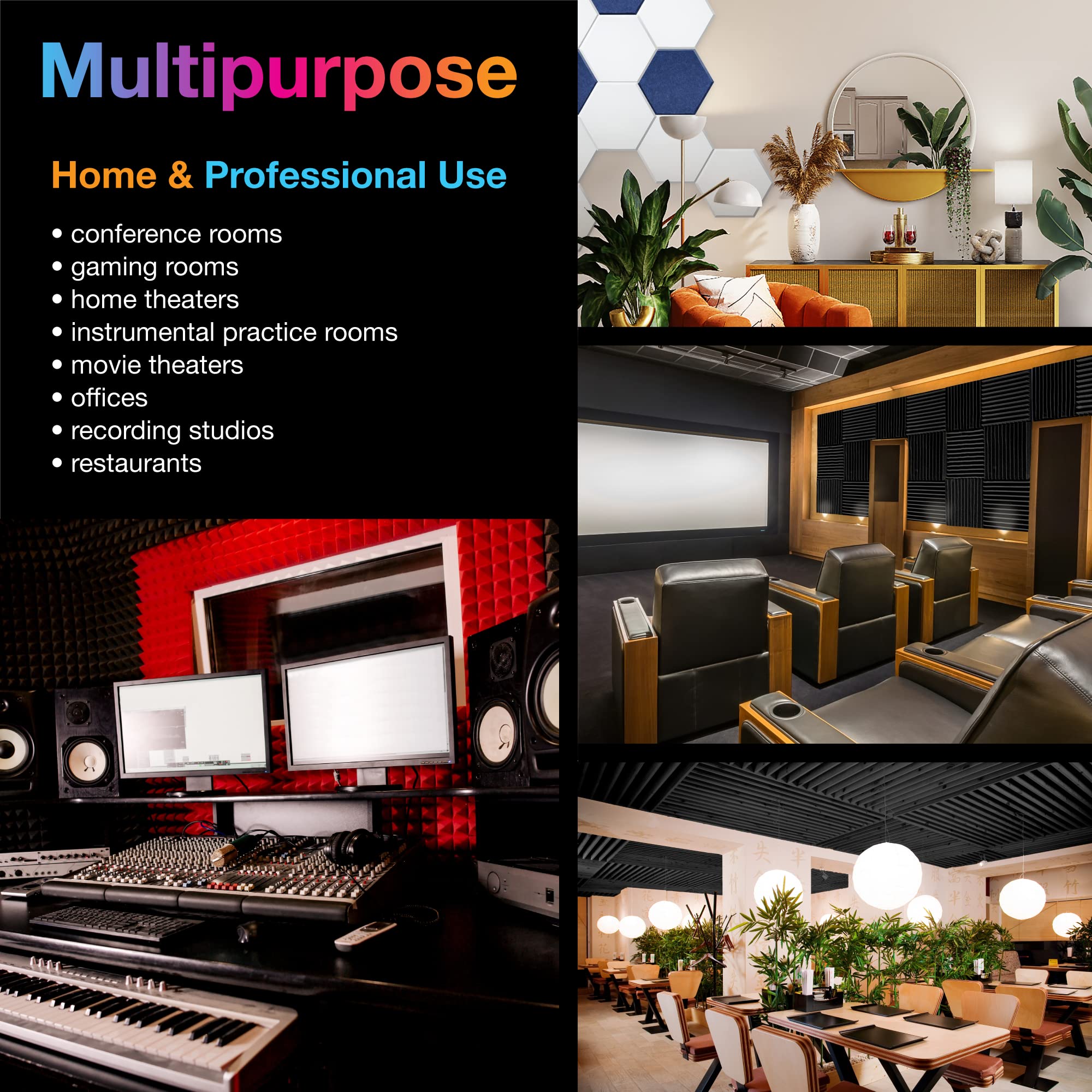 Fstop Labs Acoustic Foam Panels, 24 Pack Black 2'' X 12' X 12' Mushroom Studio Wedge Tiles, Sound Panels Sound Proof Foam Panels Sound Proofing Padding For Wall