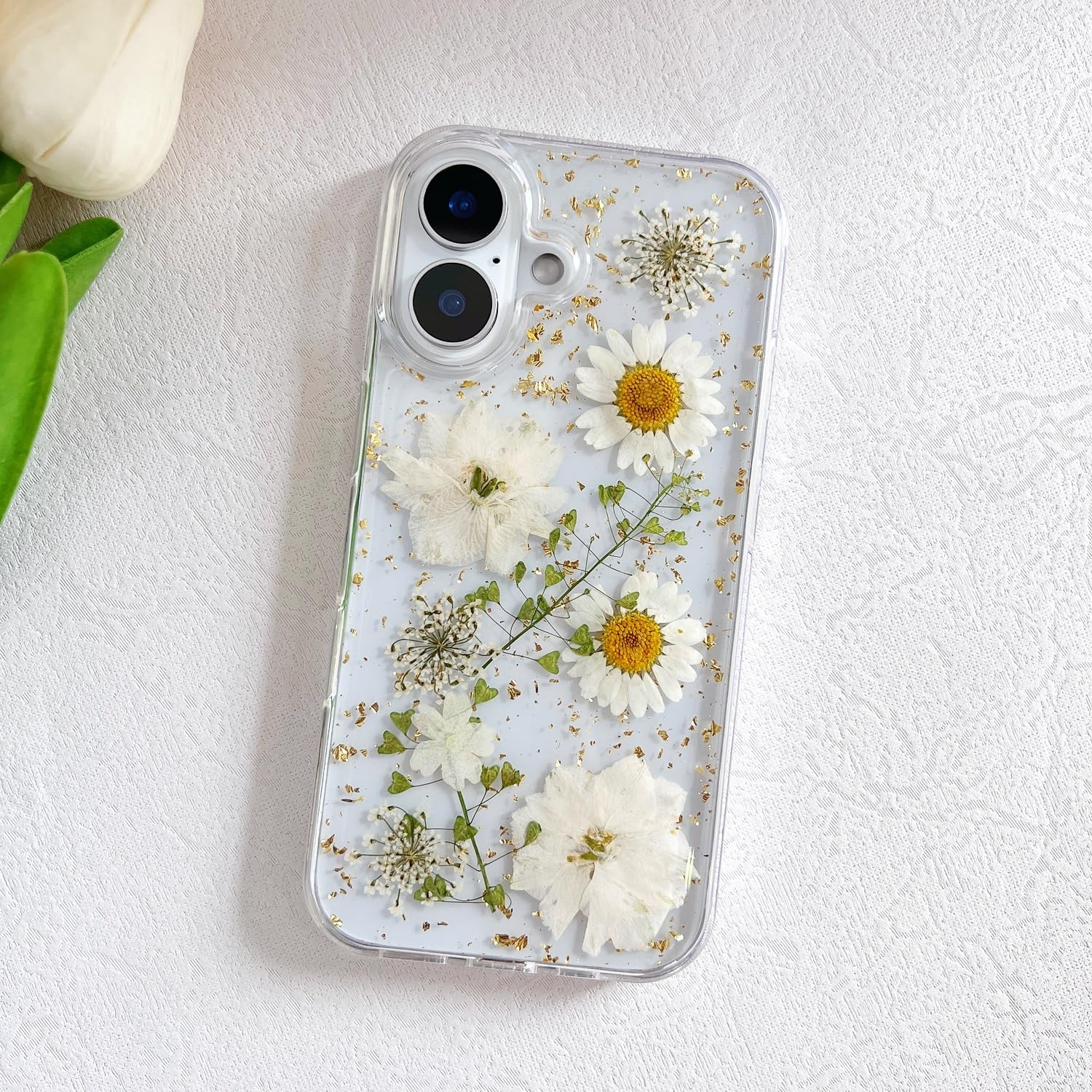 Lseeka For Iphone 16 Plus Clear Case With Pressed Real Flowers Design,Glitter Cute White Floral Pattern Slim Soft Tpu Protective