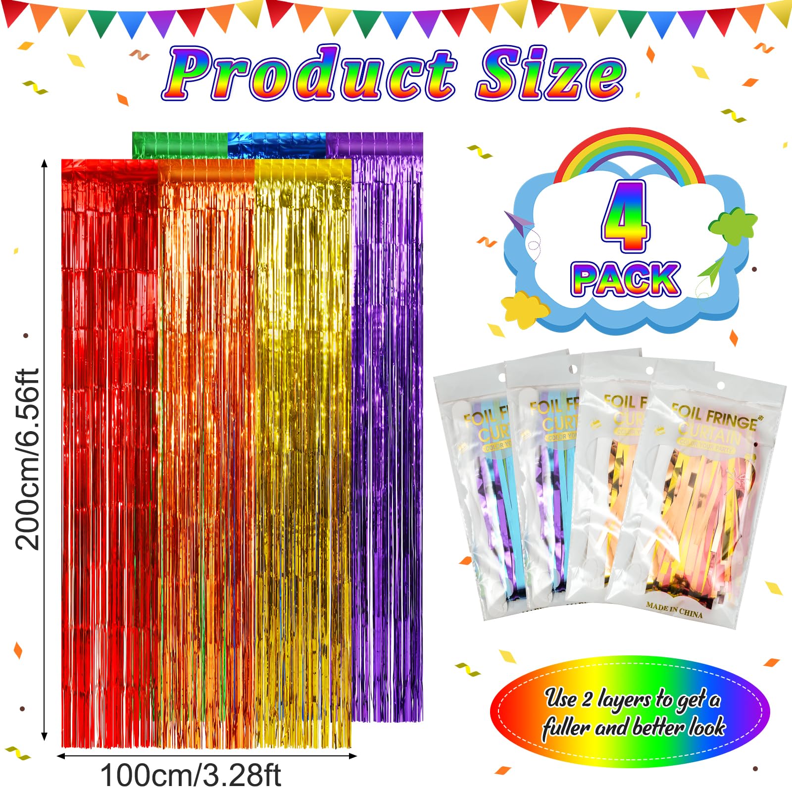 4Pack 3.3X6.6Ft Rainbow Foil Fringe Curtains Backdrop Decorations, Rainbow Metallic Tinsel Foil Streamers Curtain Photo Booth Ba