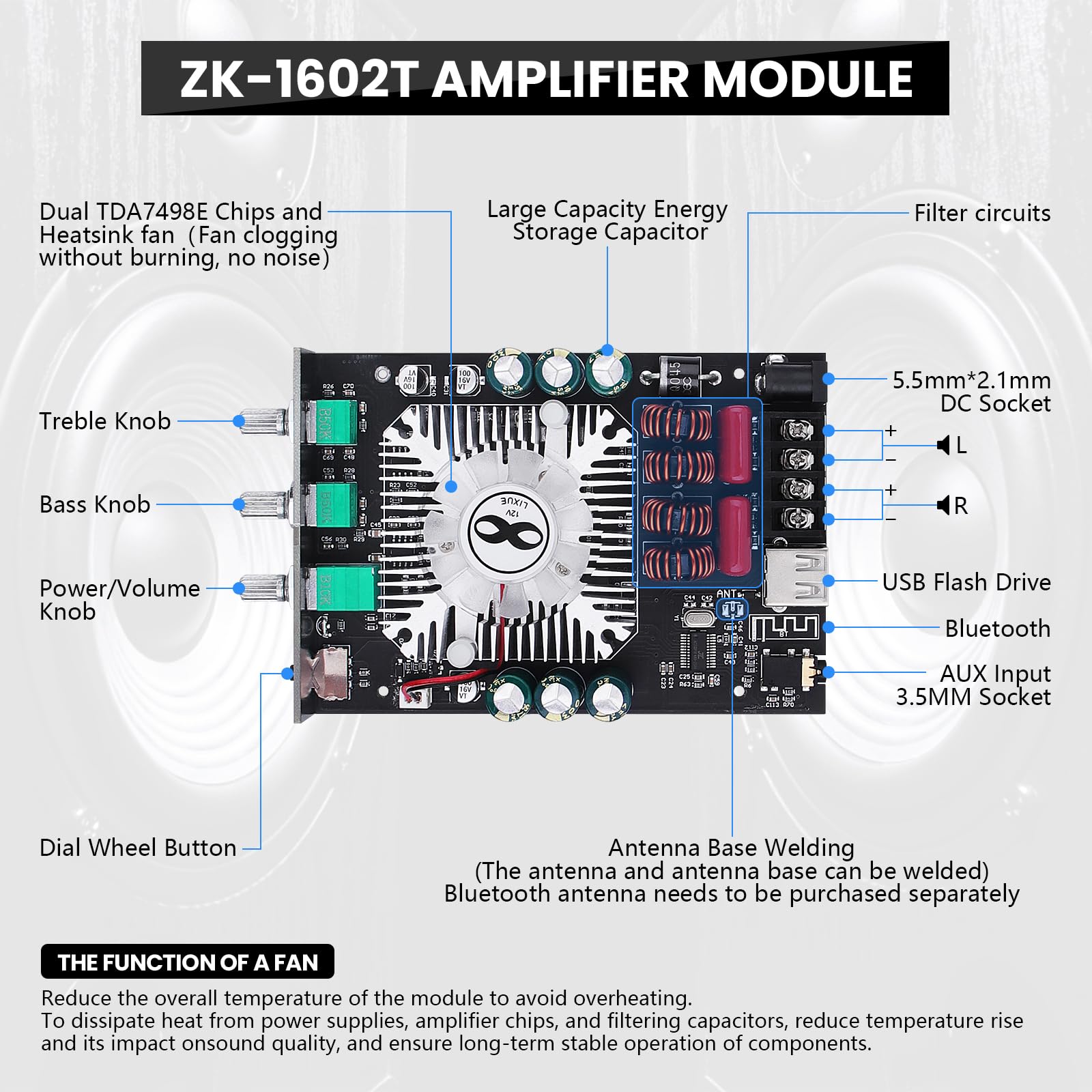 Audio Amplifier Board, Zk-1602T Bluetooth 5.0 Power Amp For Home Speakers 2.0 Channel 160W+160W Stereo Mini Amplifier Module Tda