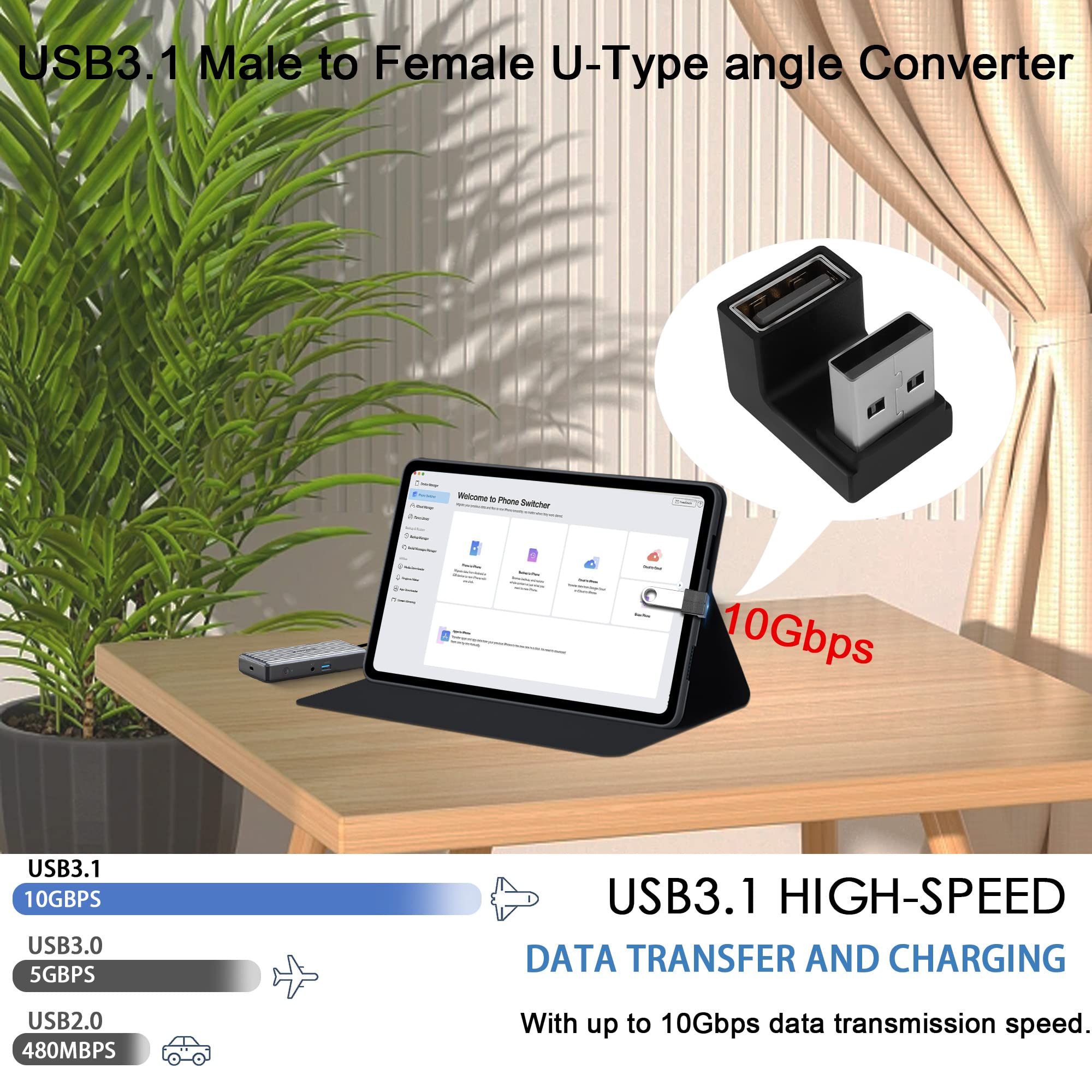 Qianrenon U Shape Angle Usb 3.1 Adapter Converter 10Gbps 180 Degree Usb A Male To Female Coupler Connector, Support Data Transfer Otg 3A Charging, For Pc Laptop Mobile Power, 2Pcs (Female Up)