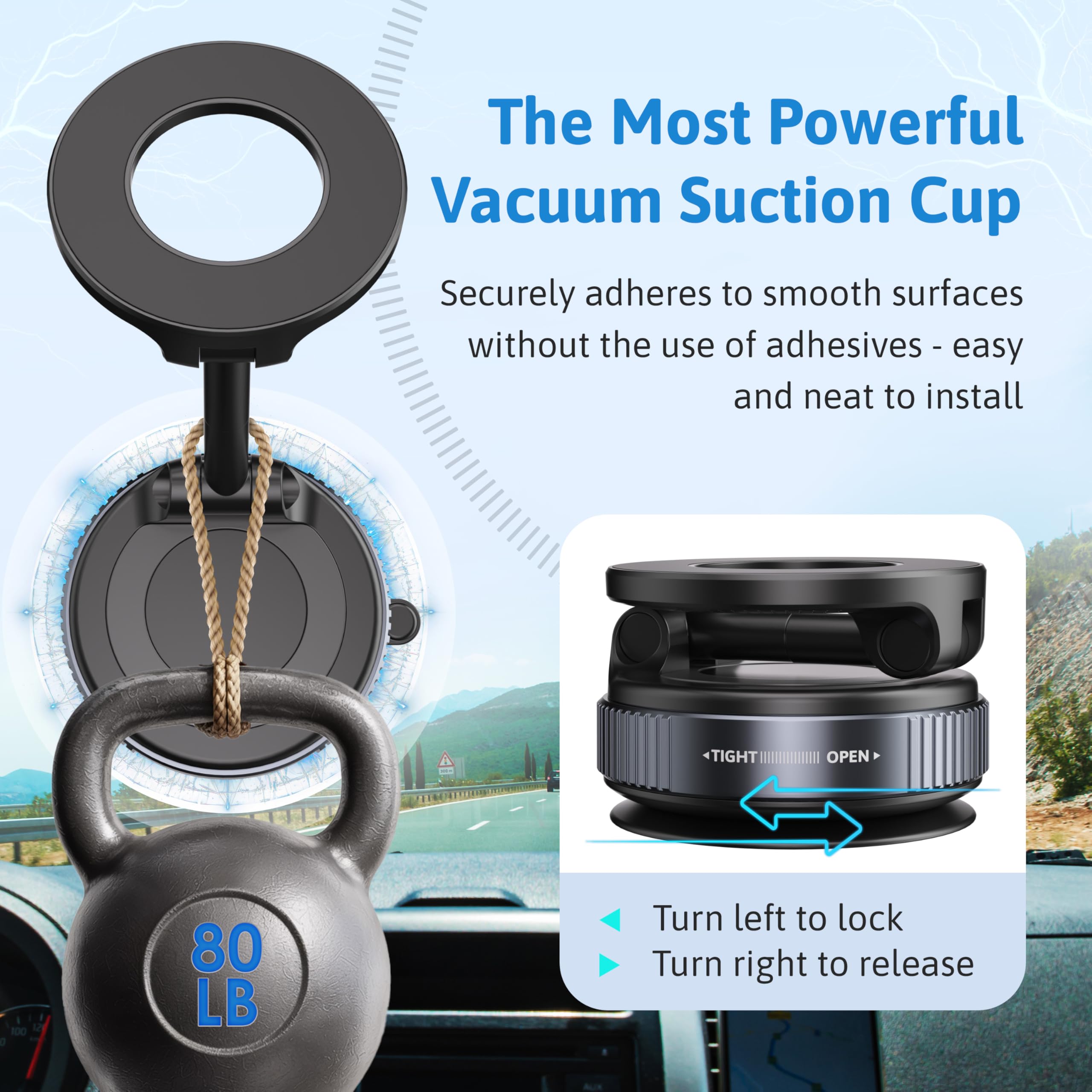 2025 Upgraded Vacuum Magnetic Car Phone Holder With 360 Rotation, 80Lbs Ultra Suction Cup Phone Mount For Magsafe Cell Phone Hol