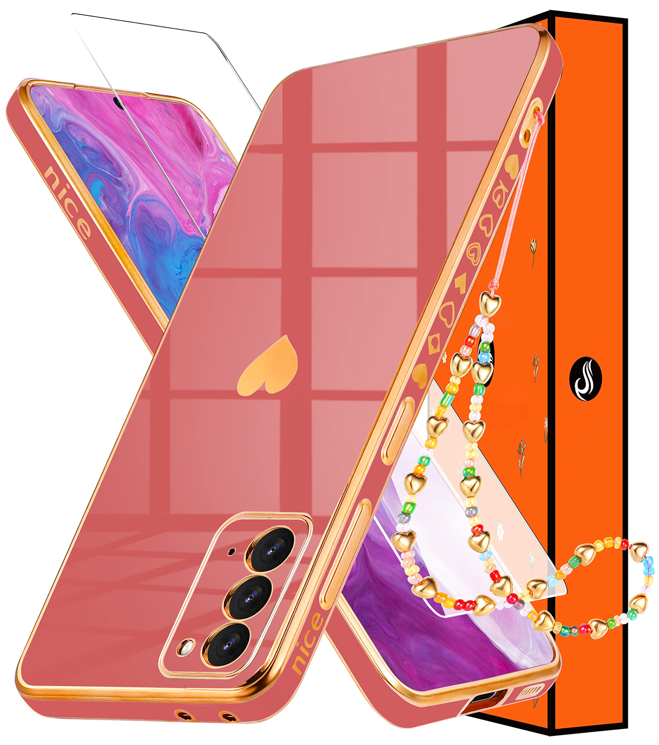 Shorogyt (3In1 Heart Case For Samsung Galaxy Note 20 5G/4G 6.7 Inch Women Cute Aesthetic Love Hearts Pattern Girls Red Gold Luxu