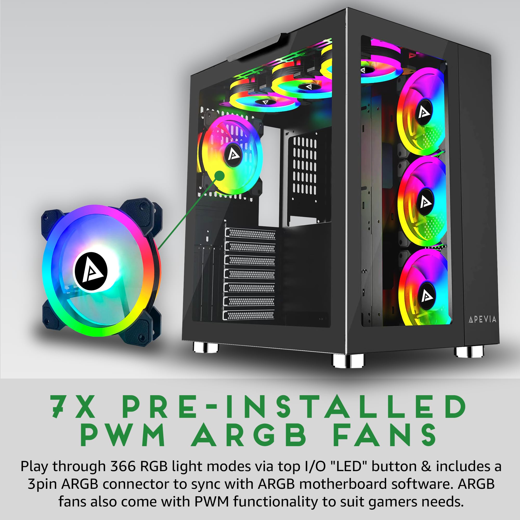 Apevia Prism Elite Bk Prism Elite Mid Tower Atx Gaming Pc Cube Case W/ 7X 120Mm Pwm Argb Fans, 366 Rgb Modes, Dual Tempered Glas