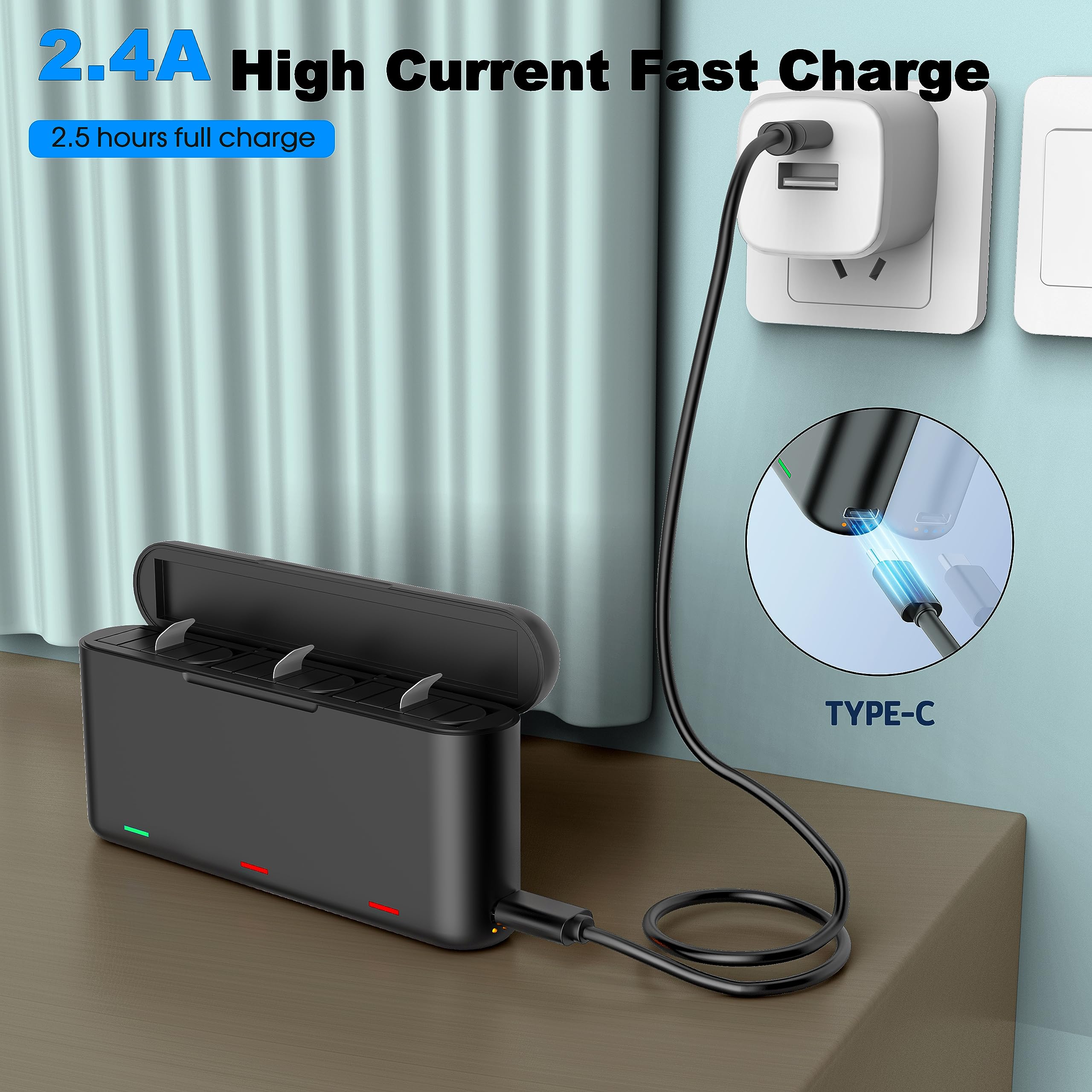 Battery Charger For Gopro Hero12/Hero11/Hero10/Hero9 Support Reverse Charging + 2 Pack Batteries Compatible With Original Gopro