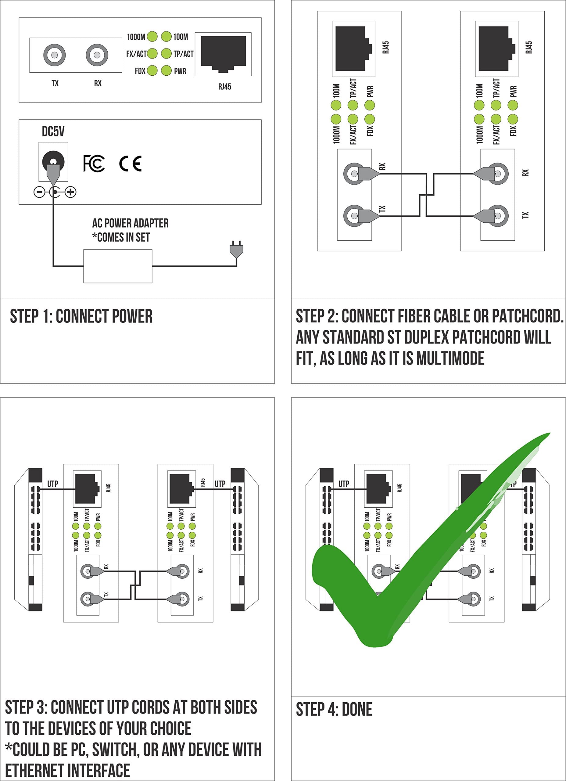 Multimode St Gigabit Fiber Media Converter   Built In St Fiber Module 550 M (0.34 Miles) 850 Nm   To Utp Cat5E 10/100/1000 Rj 45