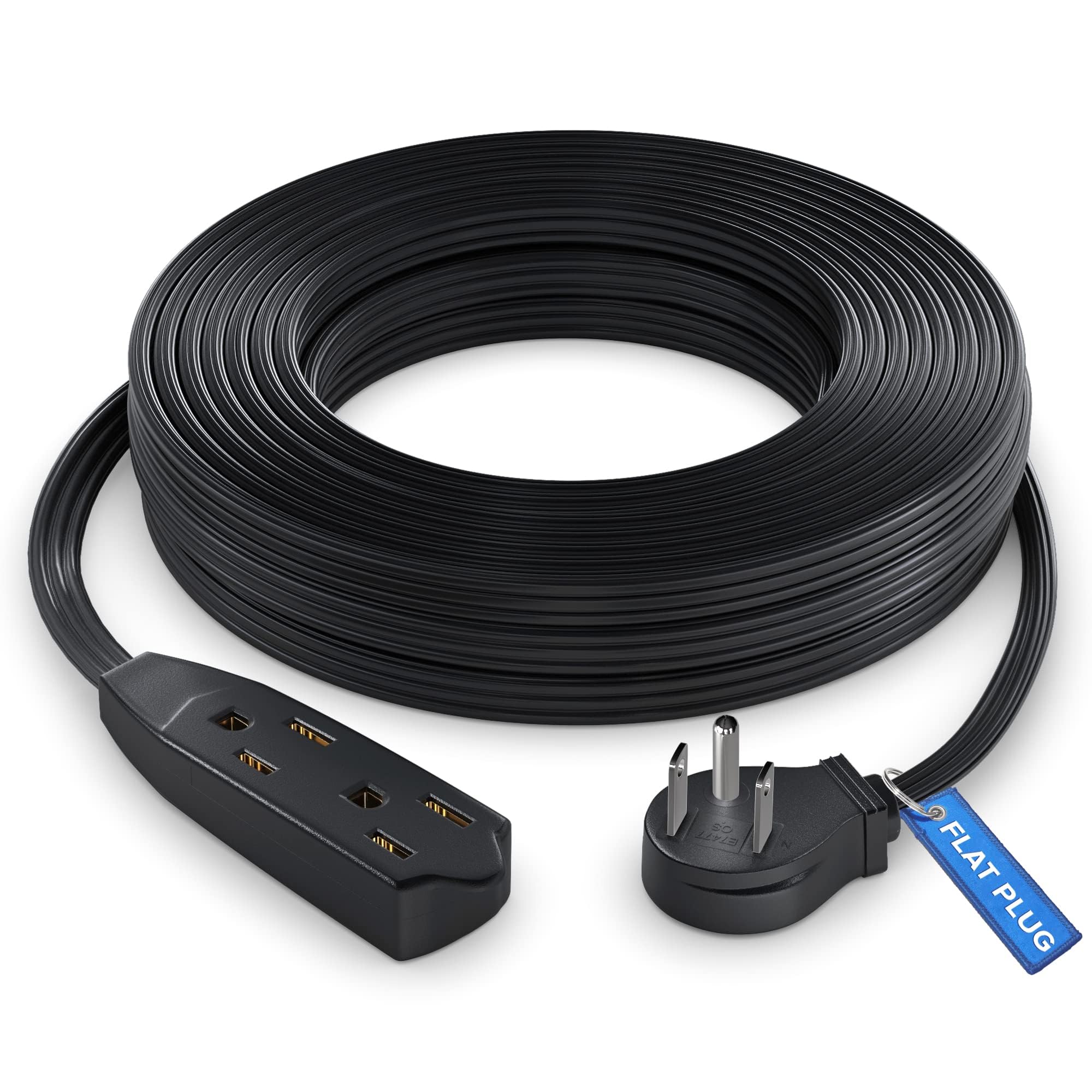 Maximm Cable 25 Feet Flat Plug Extension Cord/Wire, Multi Outlet   3 Prong Angled Plug Extension Cord   Black Ul Certified