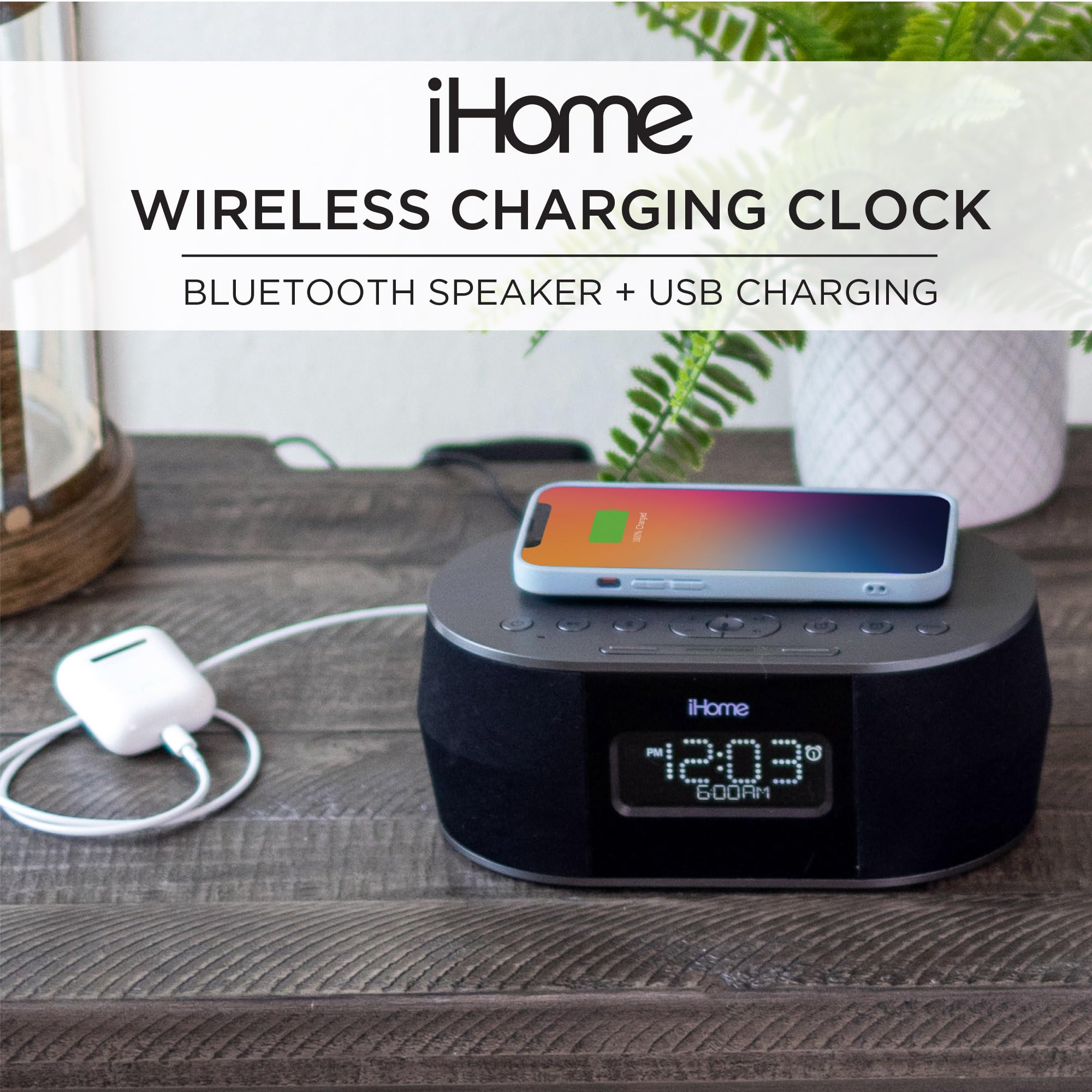 Ihome Ibtw38 Wireless Charging Bluetooth Alarm Clock,Black