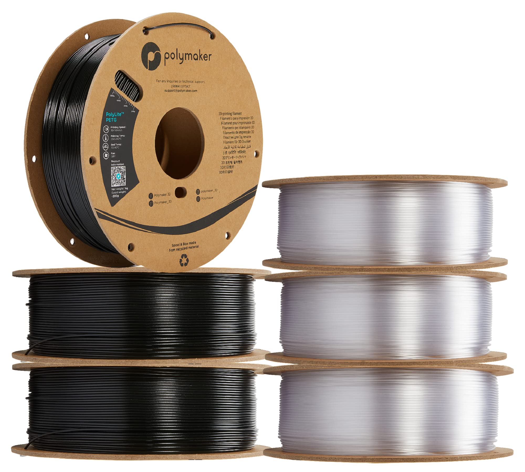 Polymaker PETG Filament 1.75mm 6kg Black*3 +Transparent *3 3D Printer Filament, PolyLite PETG 3D Printing Filament 1.75mm, Dimen