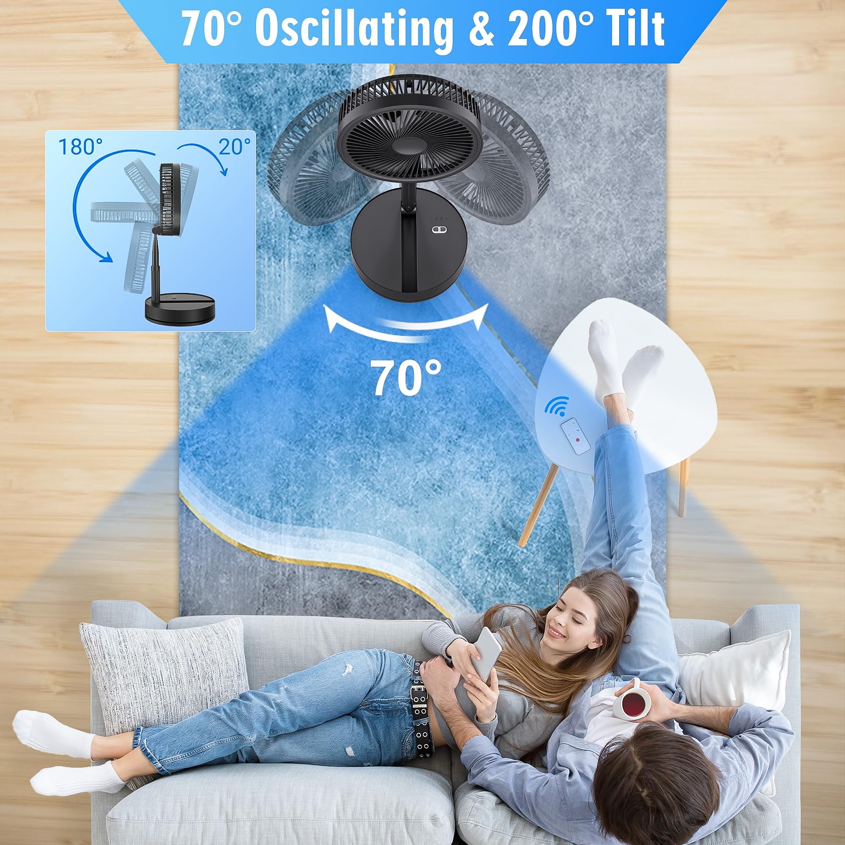 Lipety Portable Standing Oscillating Fan With Remote   7200Mah Rechargeable Battery Tall Floor Foldable Travel Fan For Sleeping