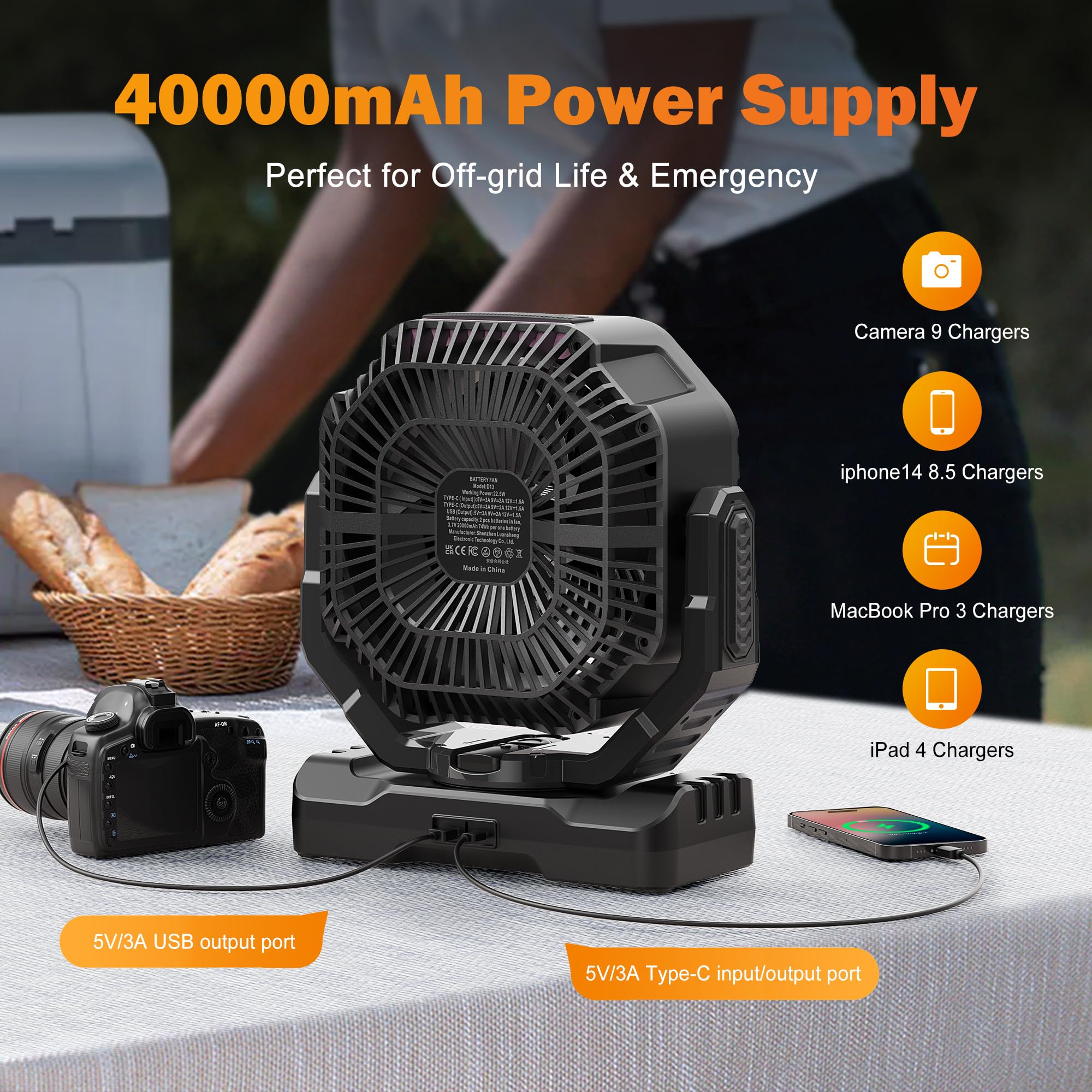 40000Mah Rechargeable Camping Fan, Battery Operated Fan With Light & Remote, 12 Portable Outdoor Fan, Auto Oscillating Battery P