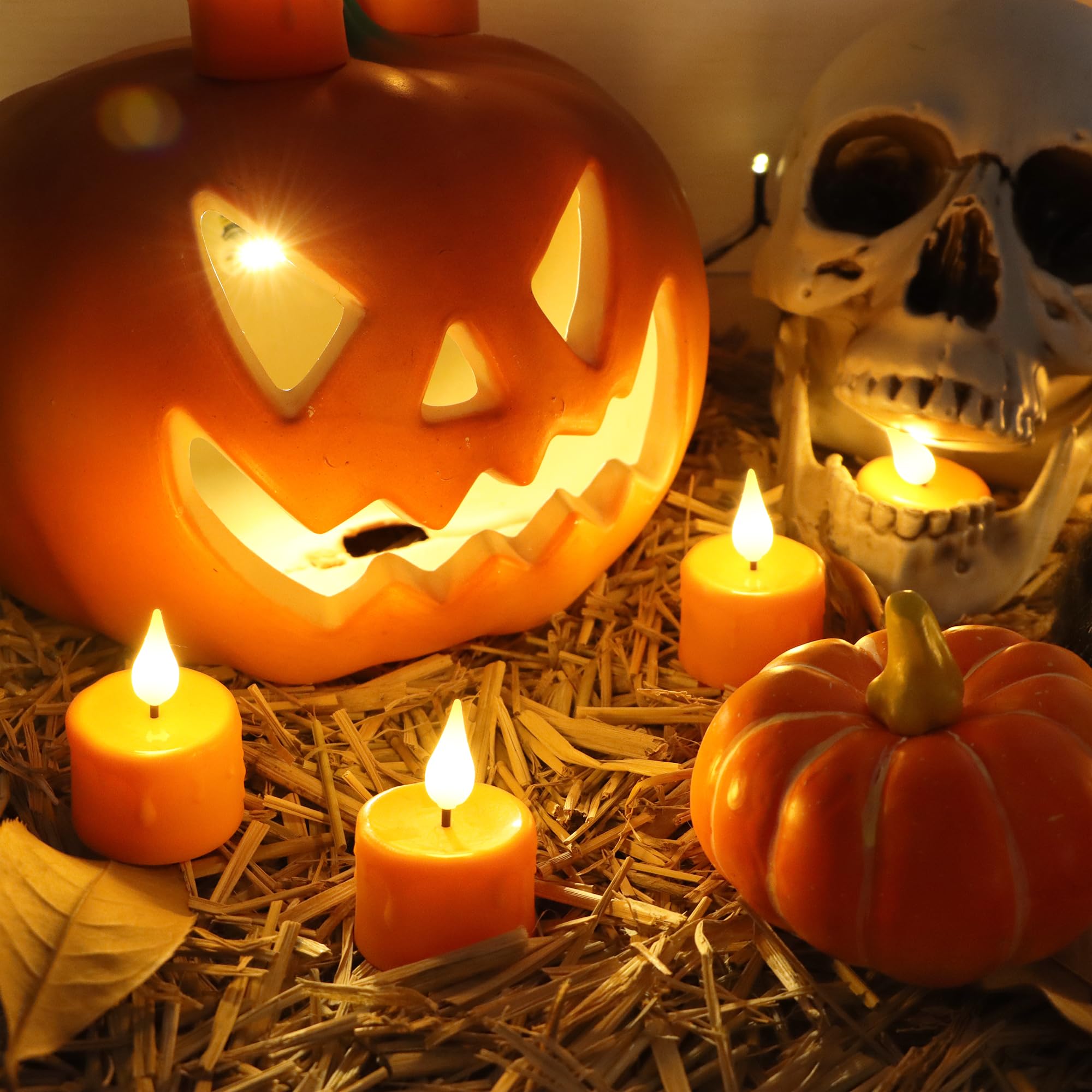 Freepower Orange Halloween Candles,Rechargeable Flameless Candles With Remote Timer, Soft 3D Wick Led Tealights Candles, Recharg