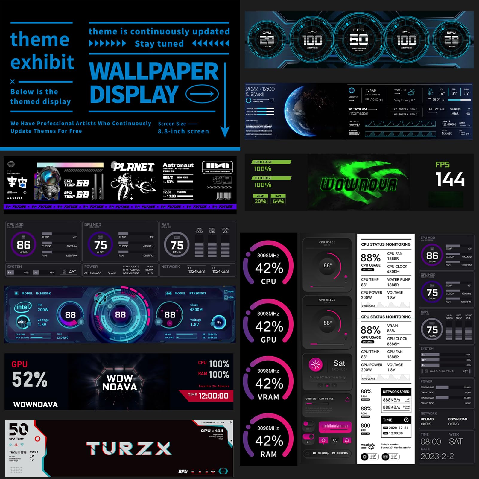 Wownova 8.8'' Computer Temp Monitor (Dynamic Theme Supported), 1 Click 1 Cable To Get Started Quickly Pc Temperature Display Sen