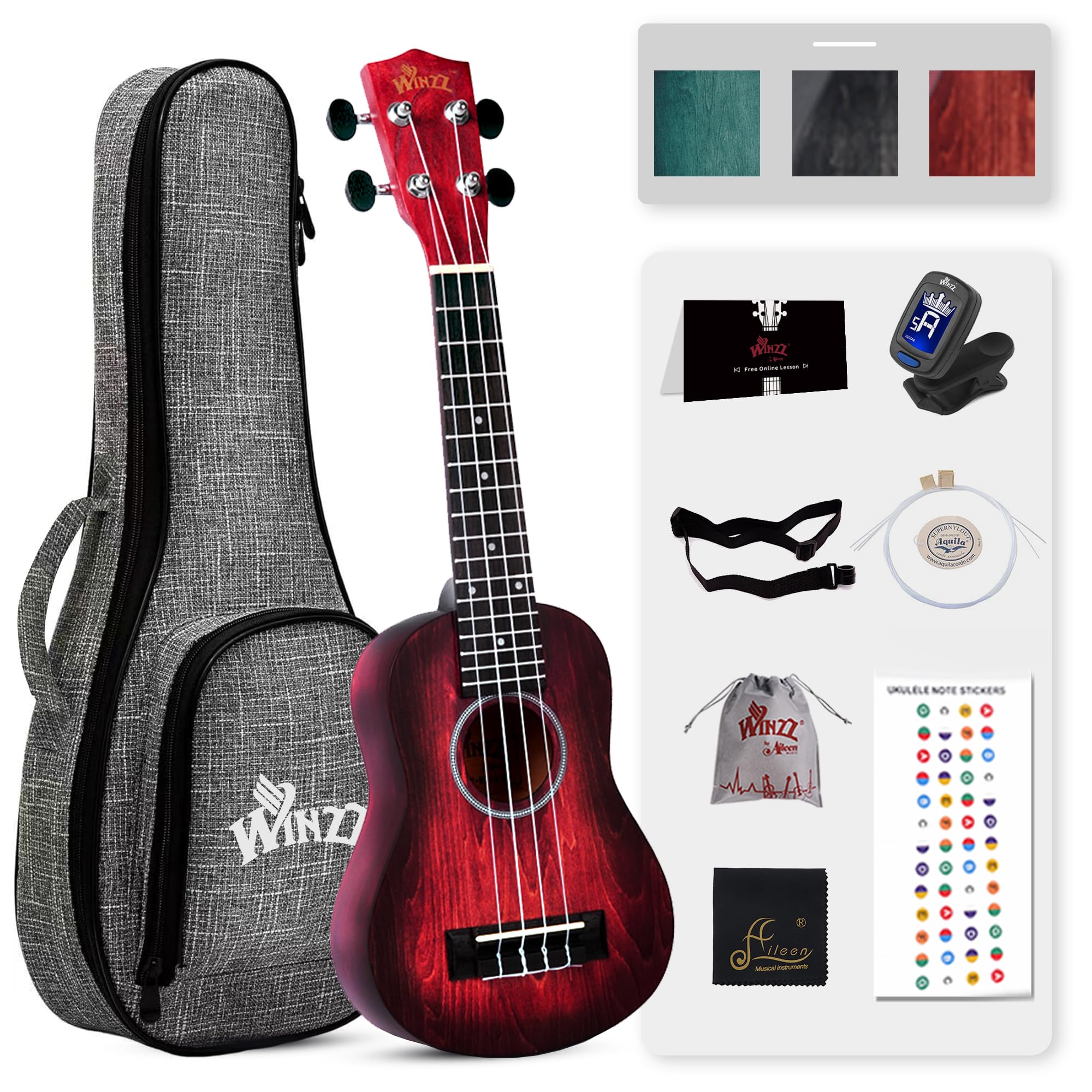 Winzz Hand Rubbed Series   21 Inches Soprano Ukulele Vintage Hawaiian With Online Lessons, Bag, Tuner, Strap, Extra Strings, Fin