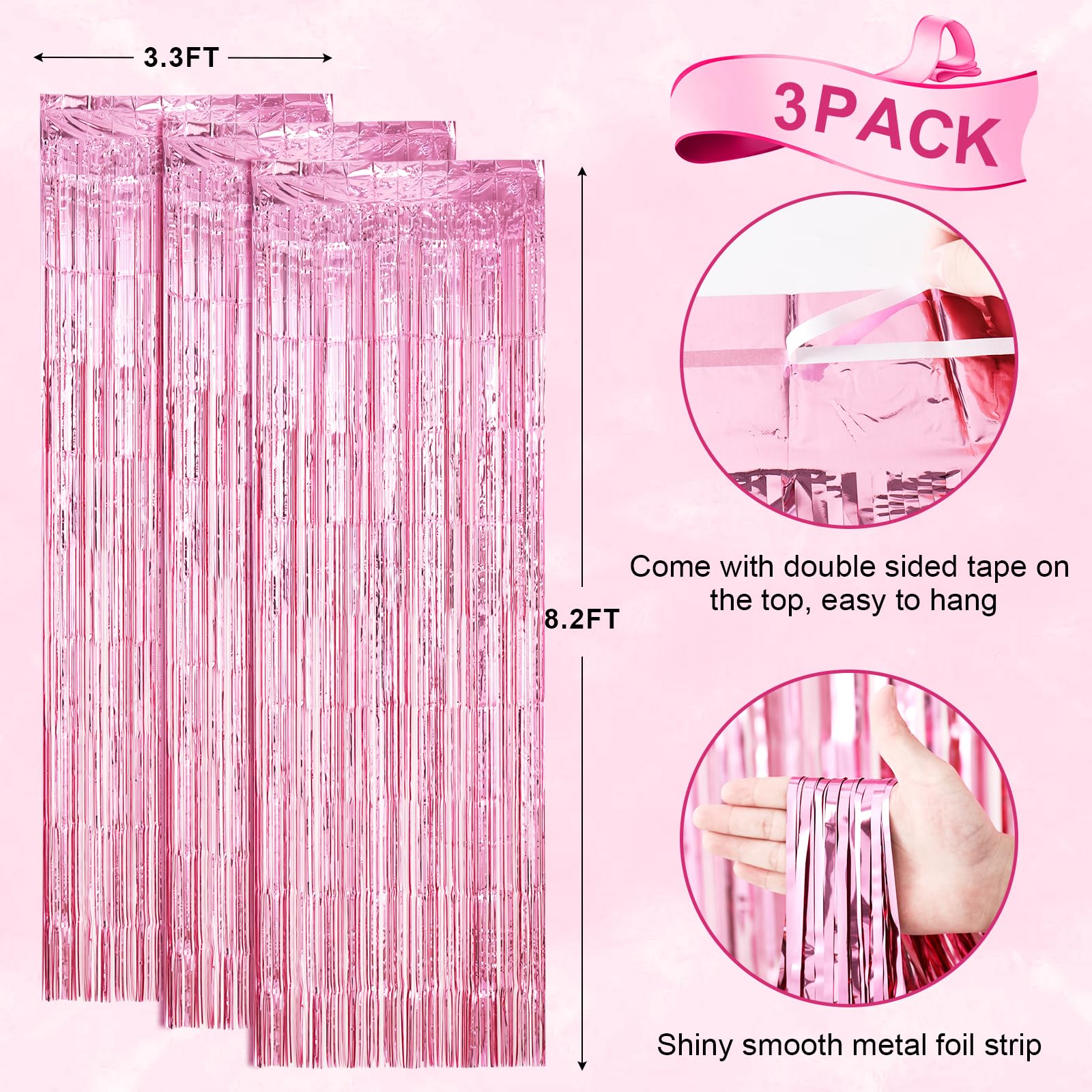 Voircoloria 3 Pack 3.3 X 8.2 Ft Light Pink Foil Fringe Backdrop Curtains, Tinsel Streamers Birthday Party Decorations, Fringe Ba