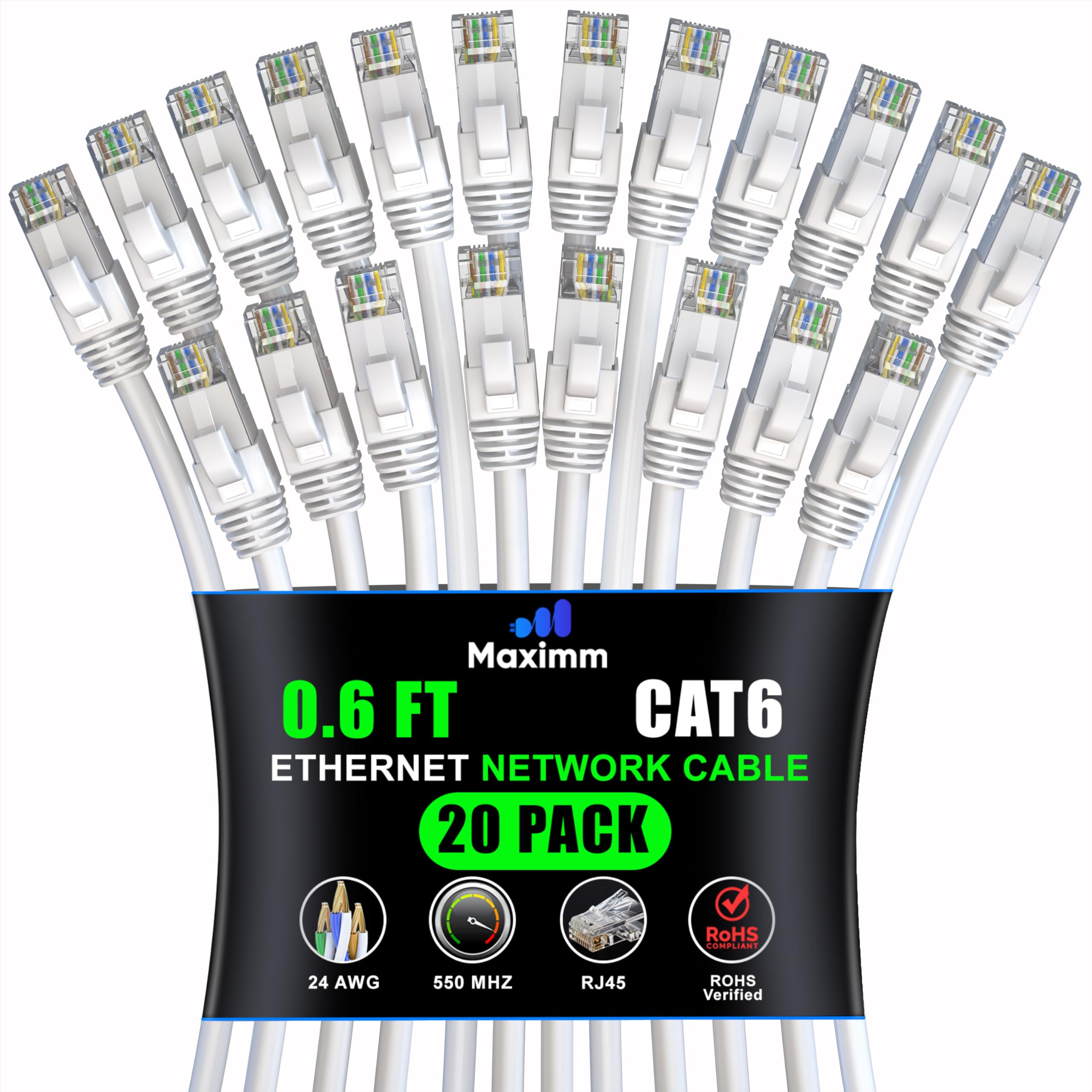 Maximm Cat 6 Ethernet Cable 0.6 Ft (20 Pack)   High Speed Lan Cable, Internet Cable, Patch Cable, And Network Cable   Utp, 10Gbps, 550Mhz Ethernet Cord   White