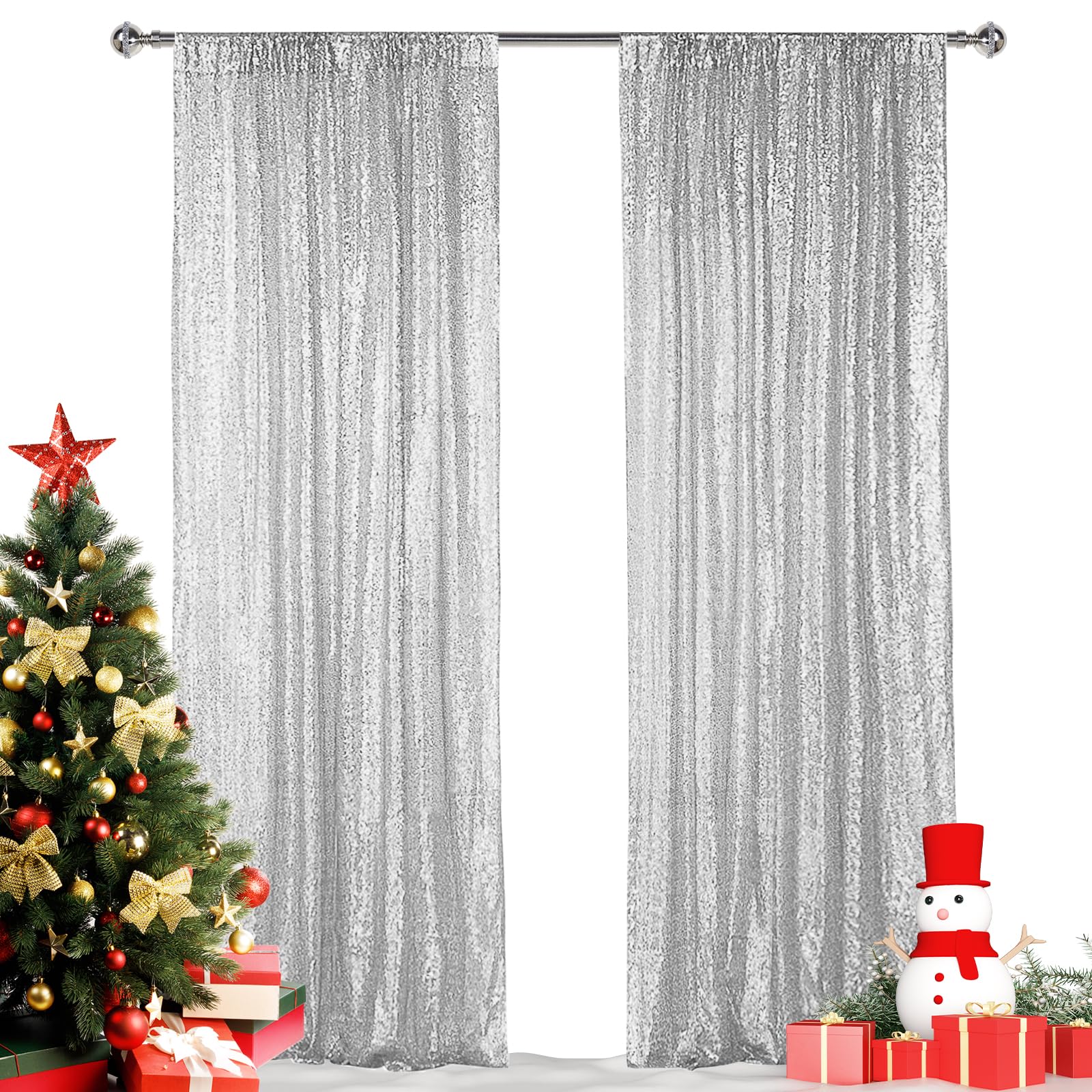 Hahuho Silver Sequin Backdrop Curtain, 2Pcs 2Ftx8Ft Glitter Backdrop Curtain For Parties, Christmas, Wedding, Party Decoration(2