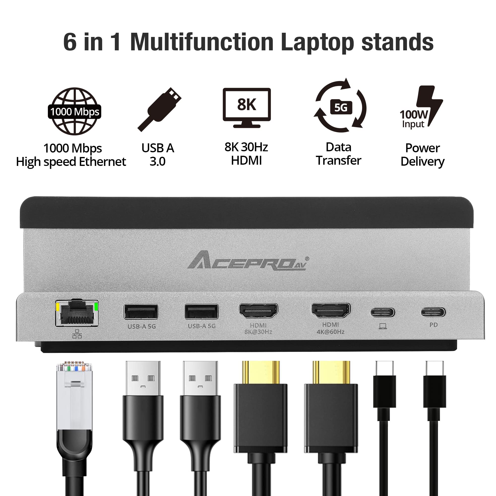Aceproav 7 Port Usb C 14    Laptop Stand With Dual Display Docking Station, Tablet Holder Hub, Vertical Storage Desk Organizer/H