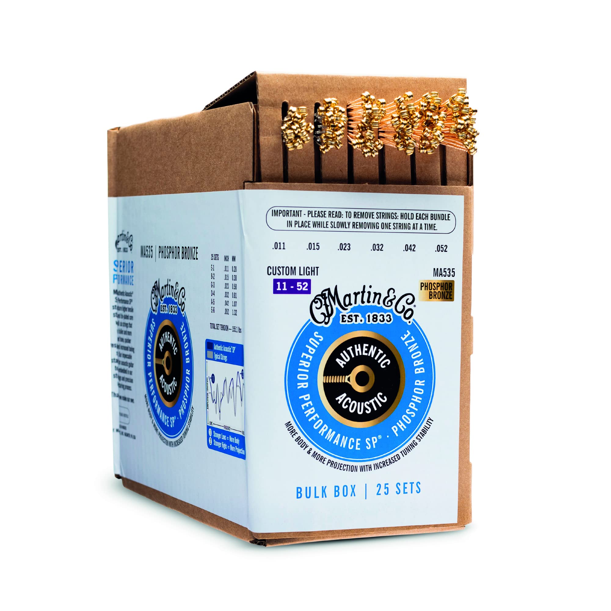 Martin Authentic Acoustic Guitar Strings, Superior Performance Custom Light 11-52, 92/8 Phosphor Bronze, 25 Sets
