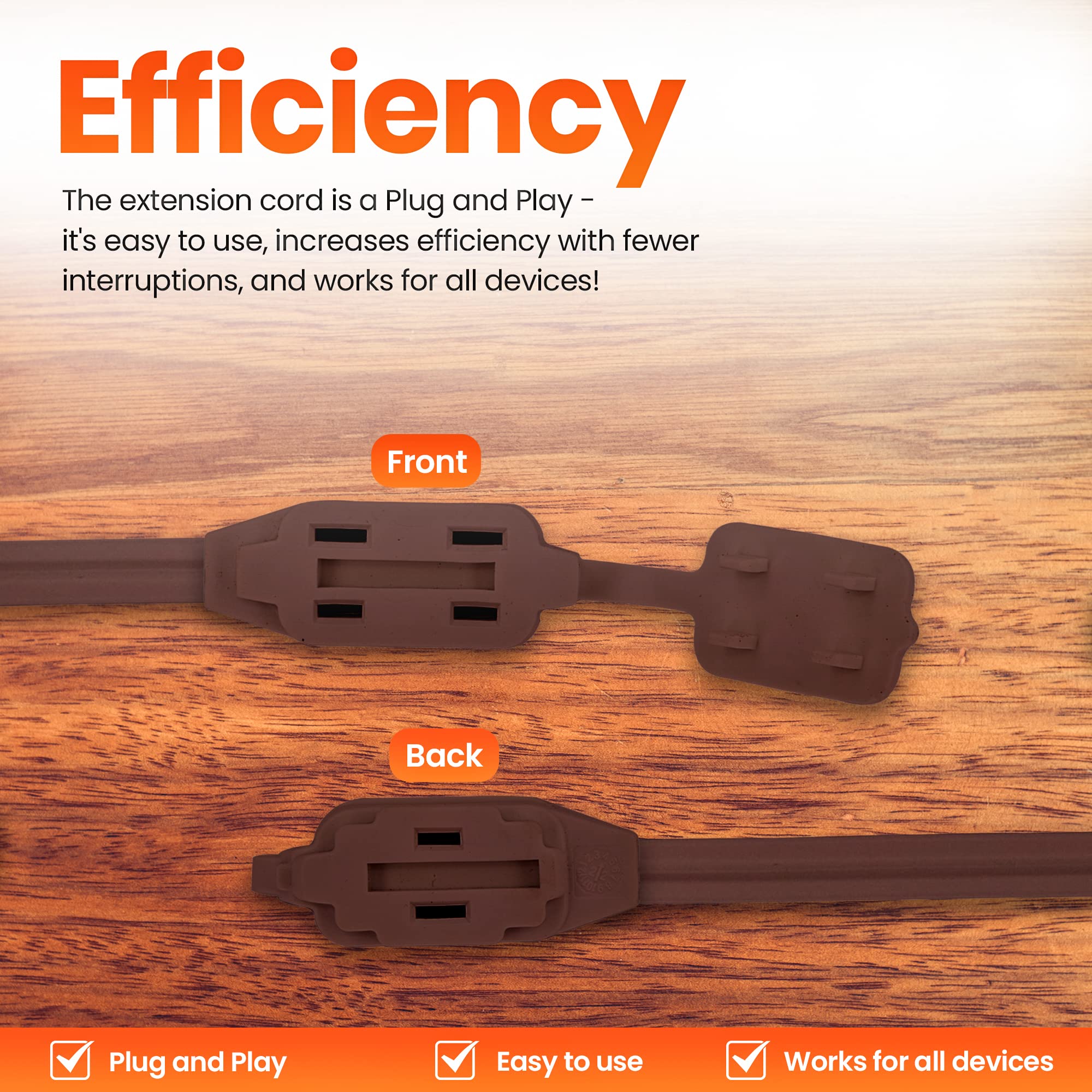 4 Feet Brown Extension Cord, 3 Outlet 2 Prong 16 Gauge Cable, Indoor Use, 3 Receptacle Cube Tap, Extension Cord   By Revpex