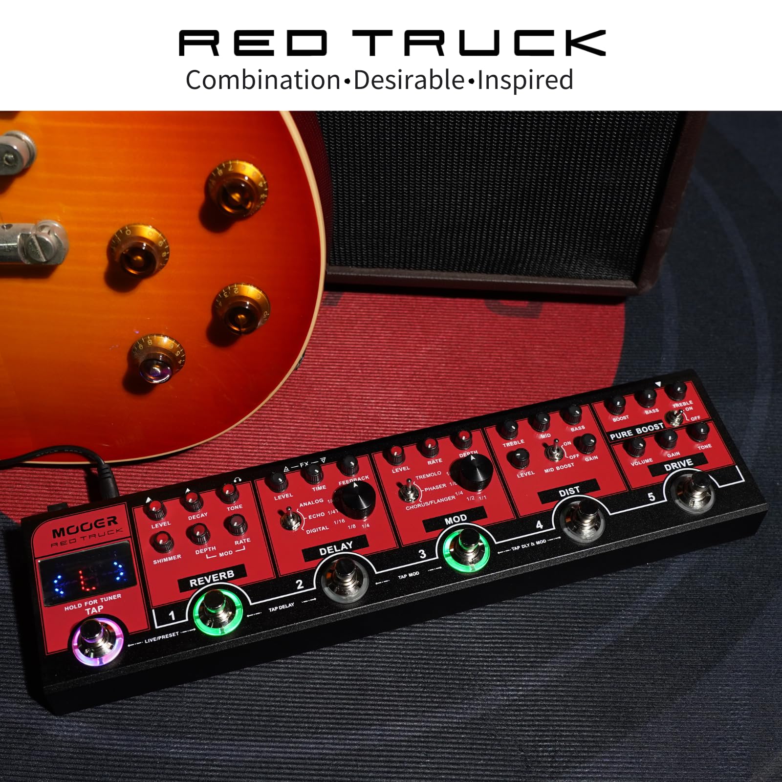 Mooer Red Truck Combined Multi Effects, Analogue Boost, Overdrive And Distortion Warm Tones, Multi Modulation, Stereo Reverb And Delay Ambience Effects With Tap Tempo Synchronization