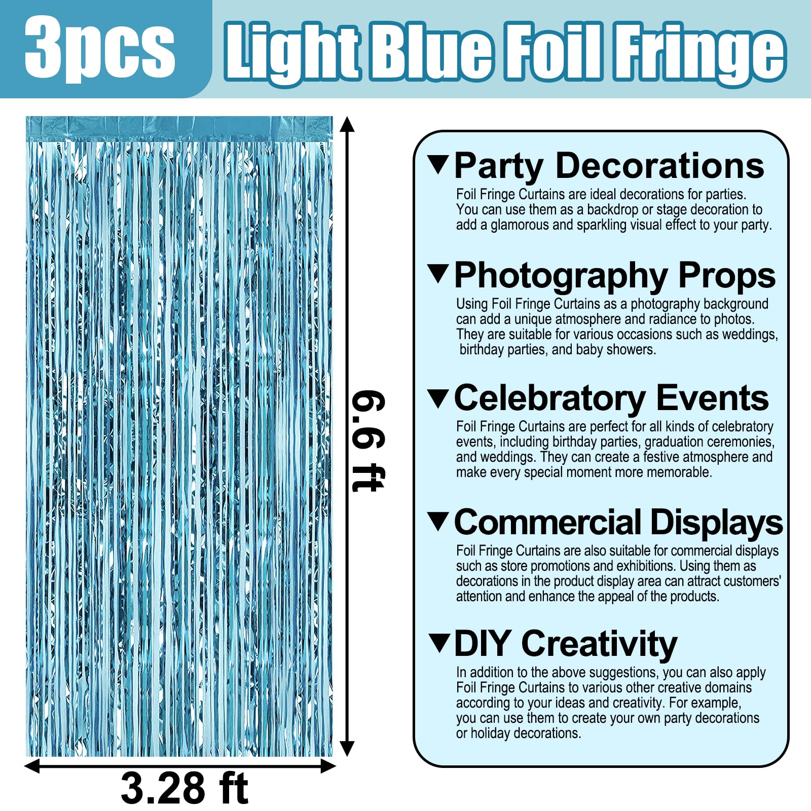 3 Pack Light Blue Foil Fringe Curtain Backdrop, 3.28Ft X 6.6Ft Metallic Tinsel Foil Fringe Streamer Curtains For Photo Booth, Ch